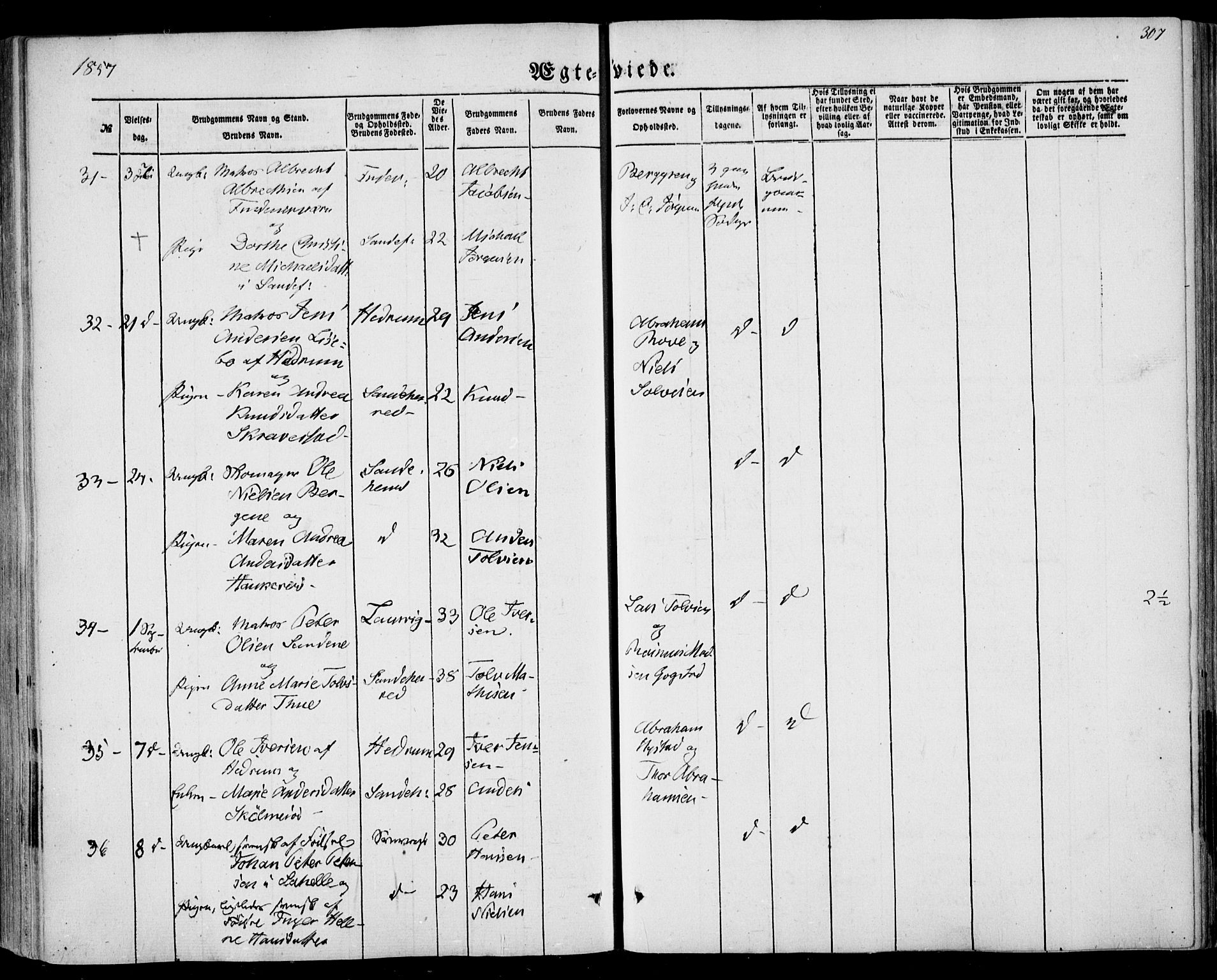 Sandar kirkebøker, SAKO/A-243/F/Fa/L0007: Parish register (official) no. 7, 1855-1861, p. 307