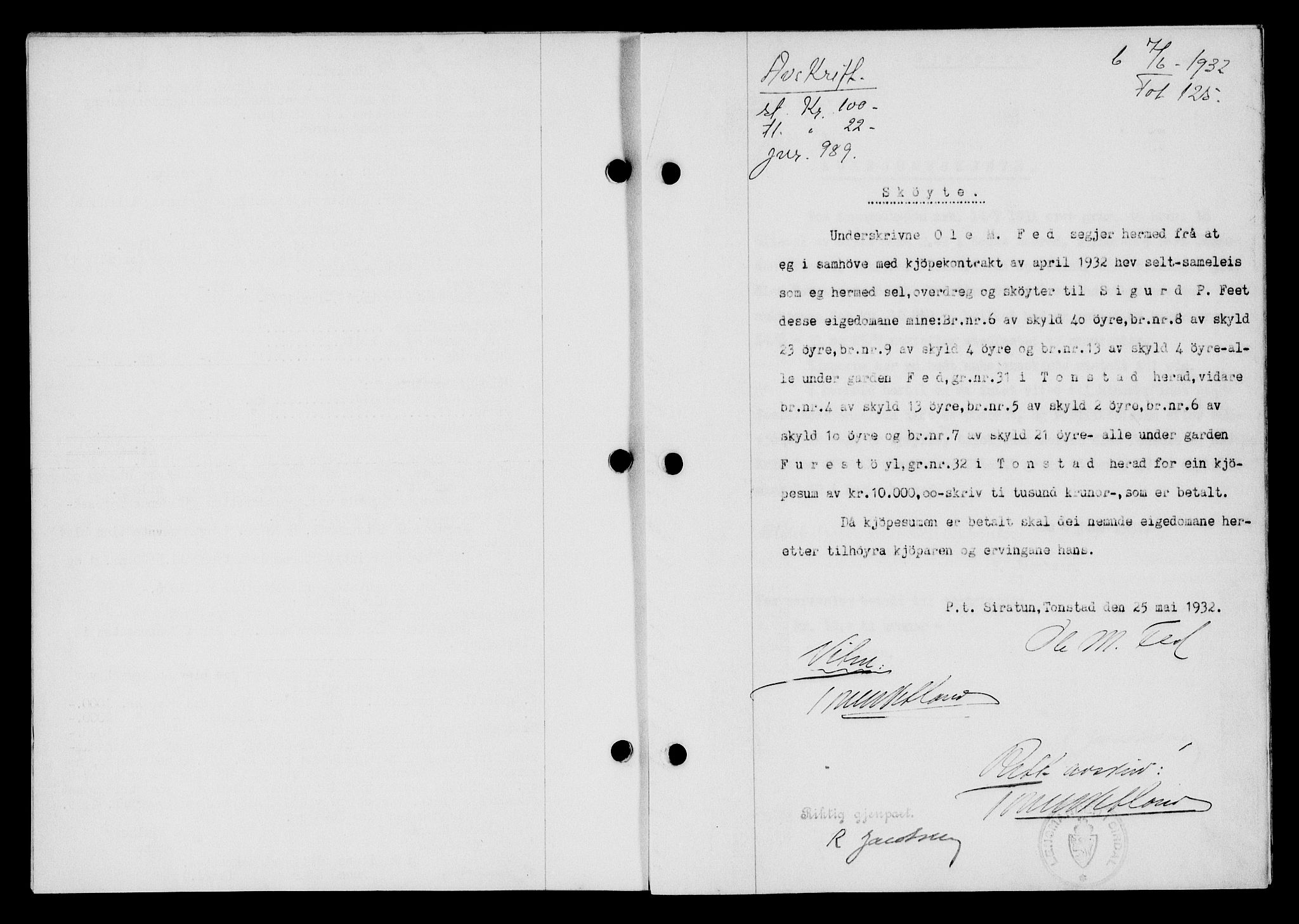 Flekkefjord sorenskriveri, SAK/1221-0001/G/Gb/Gba/L0047: Mortgage book no. 45, 1931-1932, Deed date: 07.06.1932