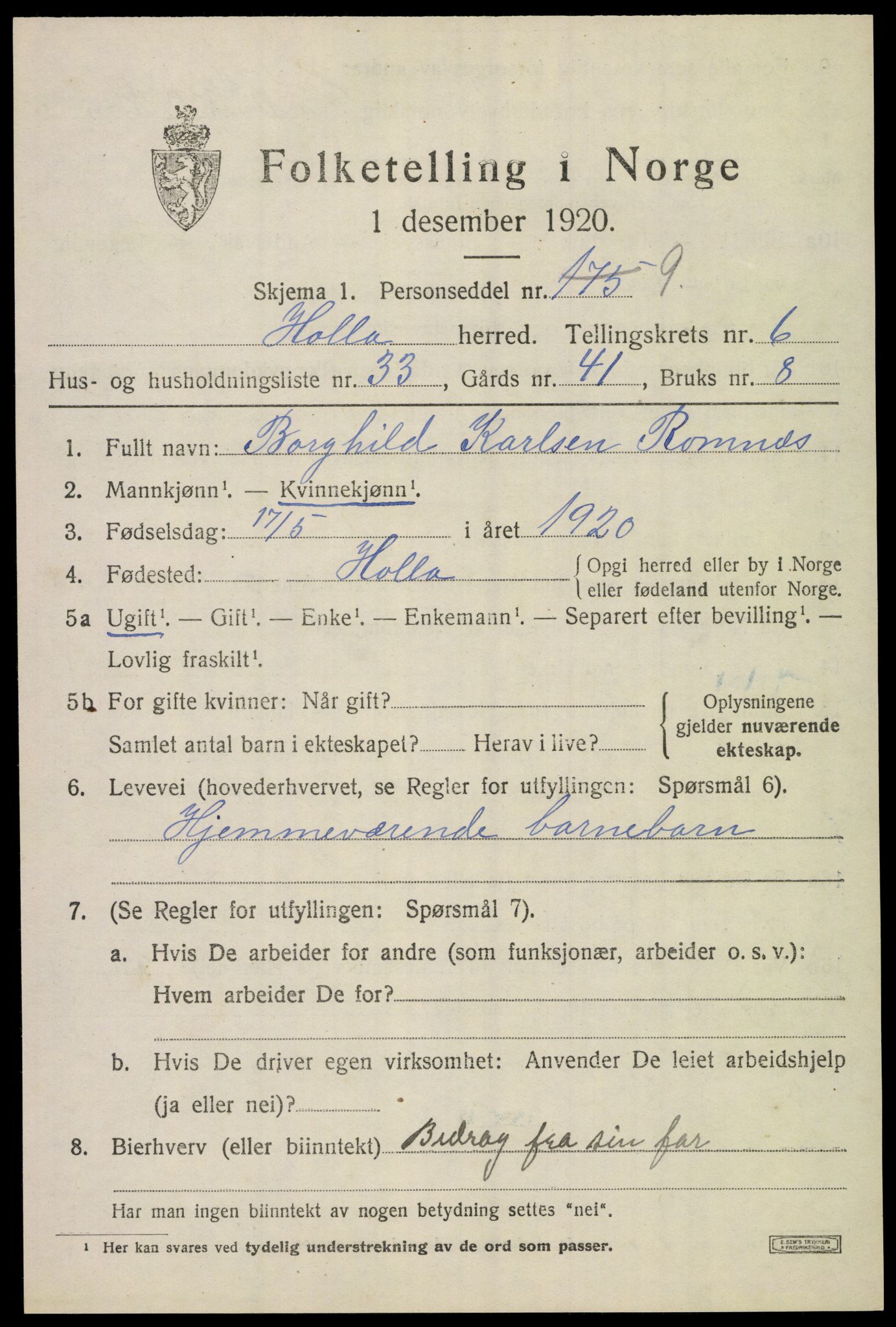 SAKO, 1920 census for Holla, 1920, p. 4757