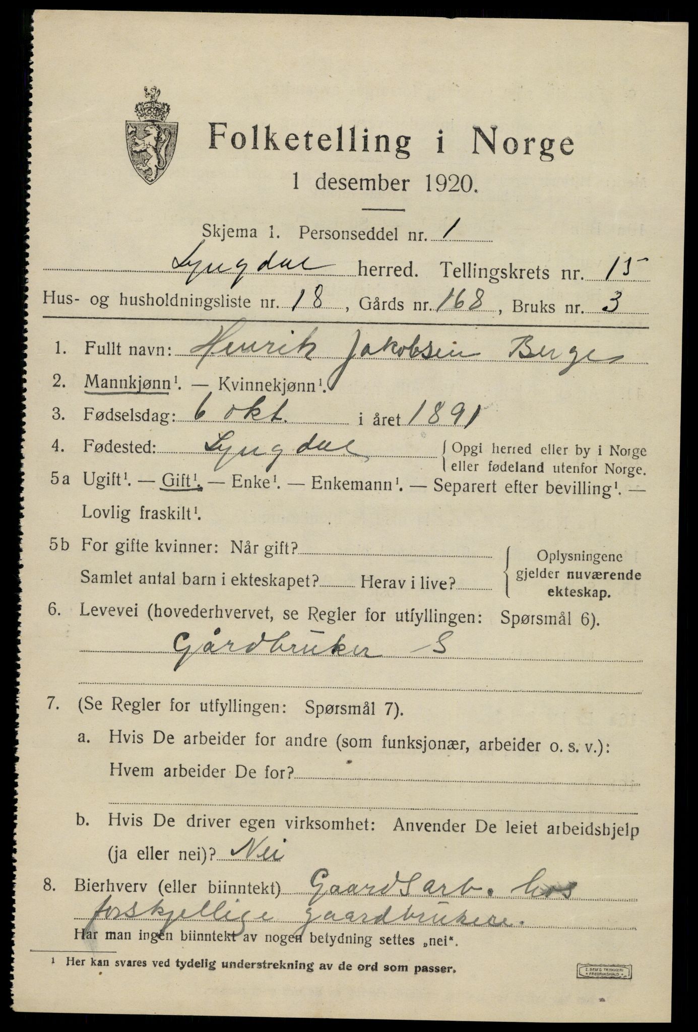 SAK, 1920 census for Lyngdal, 1920, p. 6475