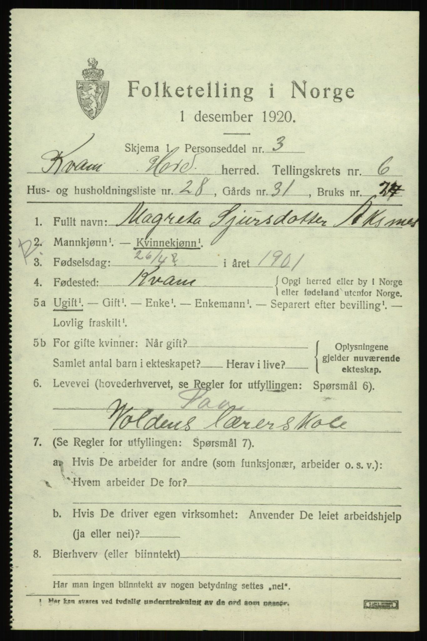 SAB, 1920 census for Kvam, 1920, p. 4681