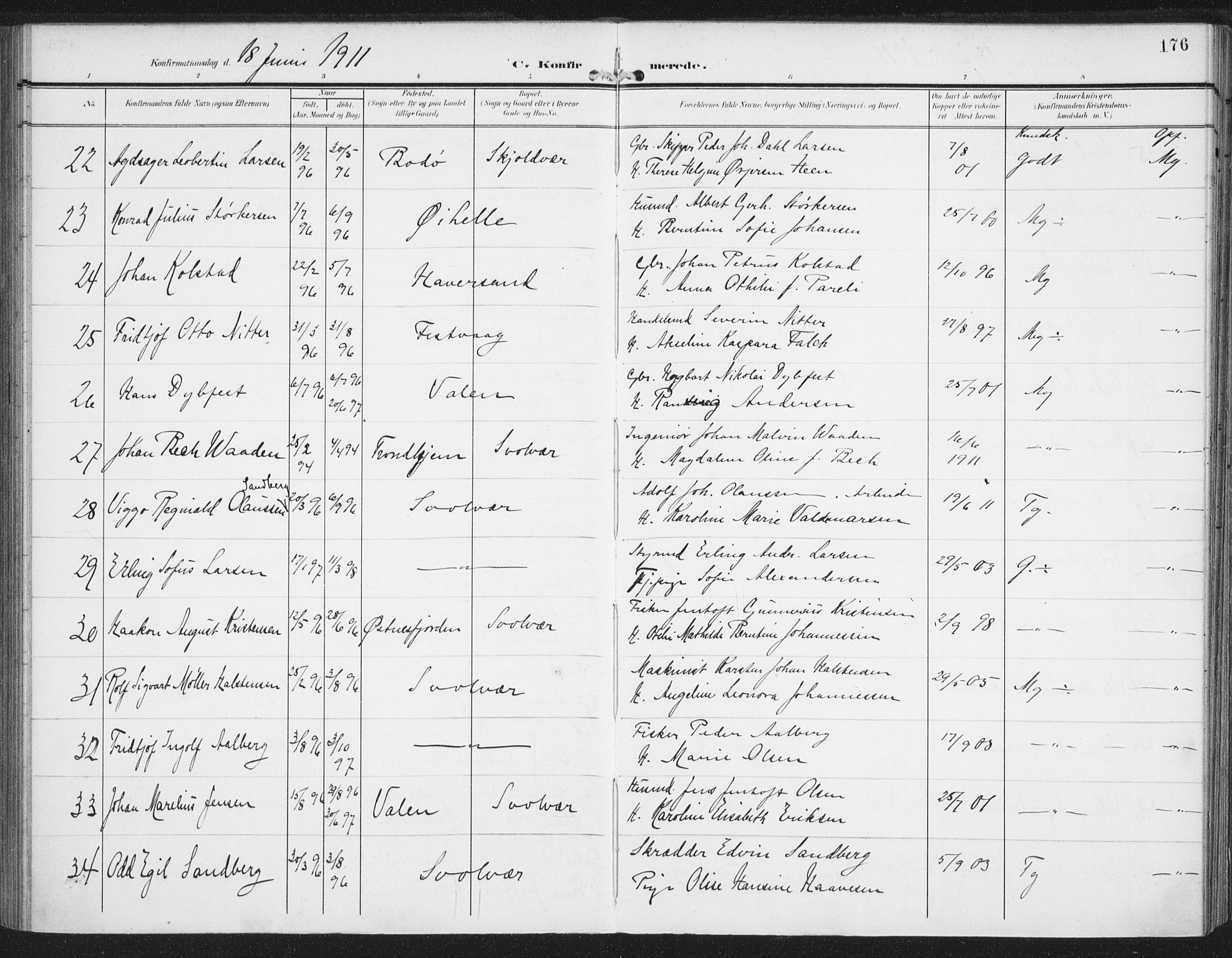 Ministerialprotokoller, klokkerbøker og fødselsregistre - Nordland, SAT/A-1459/874/L1063: Parish register (official) no. 874A07, 1907-1915, p. 176