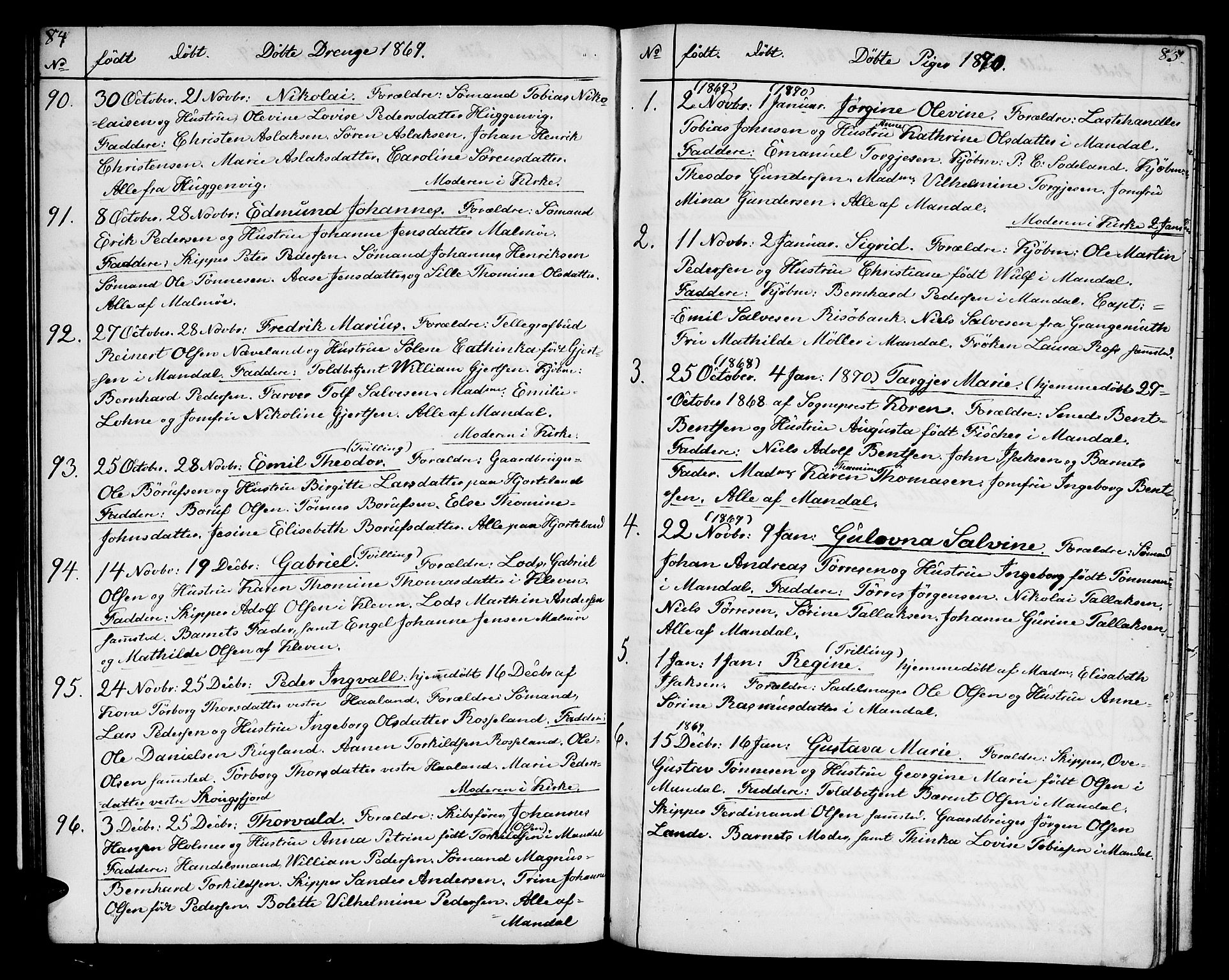 Mandal sokneprestkontor, SAK/1111-0030/F/Fb/Fba/L0009: Parish register (copy) no. B 3, 1867-1877, p. 84-85