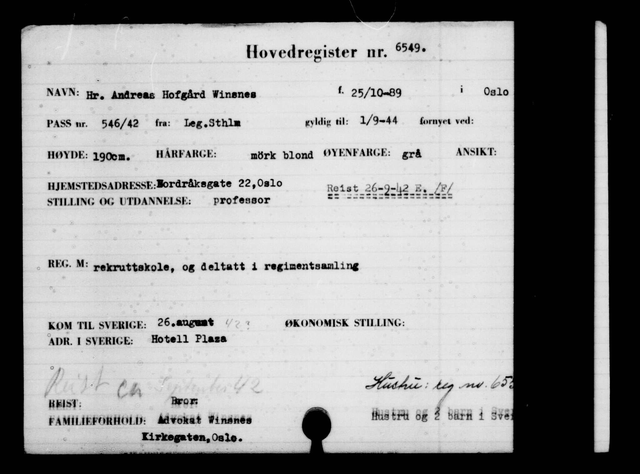 Utenriksstasjonene, Legasjonen i Stockholm, Flyktningkontoret, AV/RA-S-6753/V/Va/L0004: Kjesäterkartoteket, flyktninger med registreringsnr. 3496-6610, 1940-1945, p. 3611