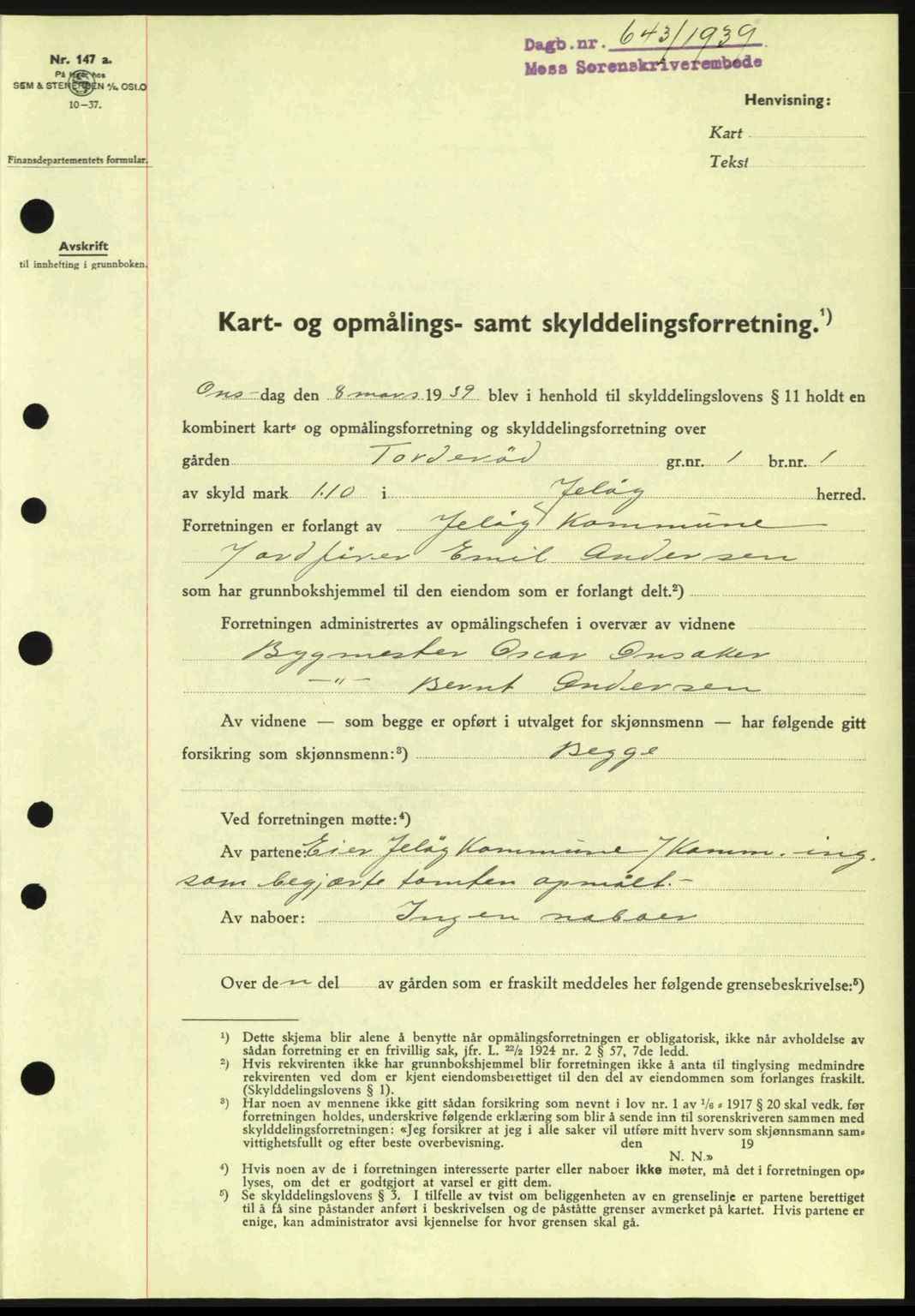 Moss sorenskriveri, SAO/A-10168: Mortgage book no. A5, 1938-1939, Diary no: : 643/1939