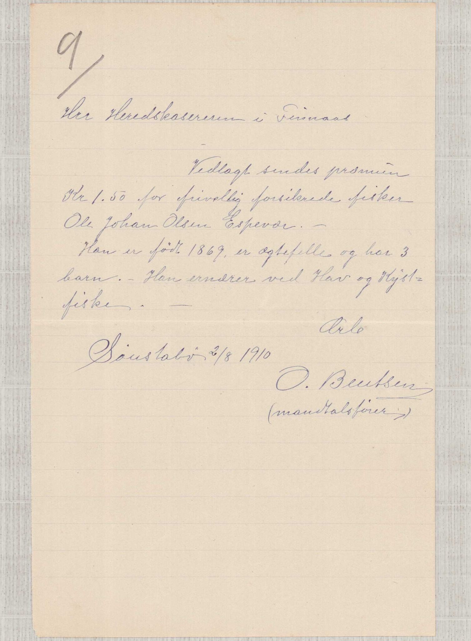 Finnaas kommune. Formannskapet, IKAH/1218a-021/D/Da/L0001/0011: Korrespondanse / saker / Kronologisk ordna korrespondanse , 1908-1912, p. 12