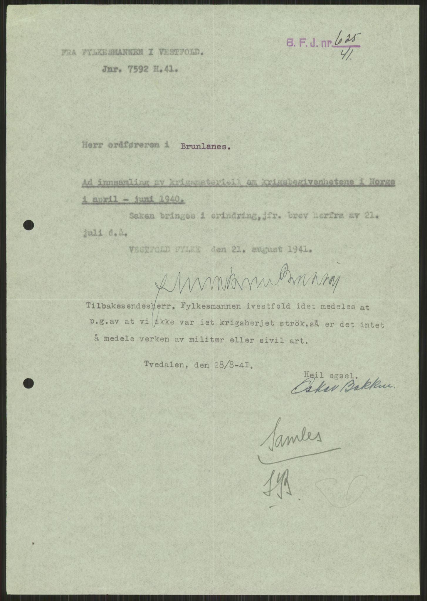 Forsvaret, Forsvarets krigshistoriske avdeling, AV/RA-RAFA-2017/Y/Ya/L0014: II-C-11-31 - Fylkesmenn.  Rapporter om krigsbegivenhetene 1940., 1940, p. 517