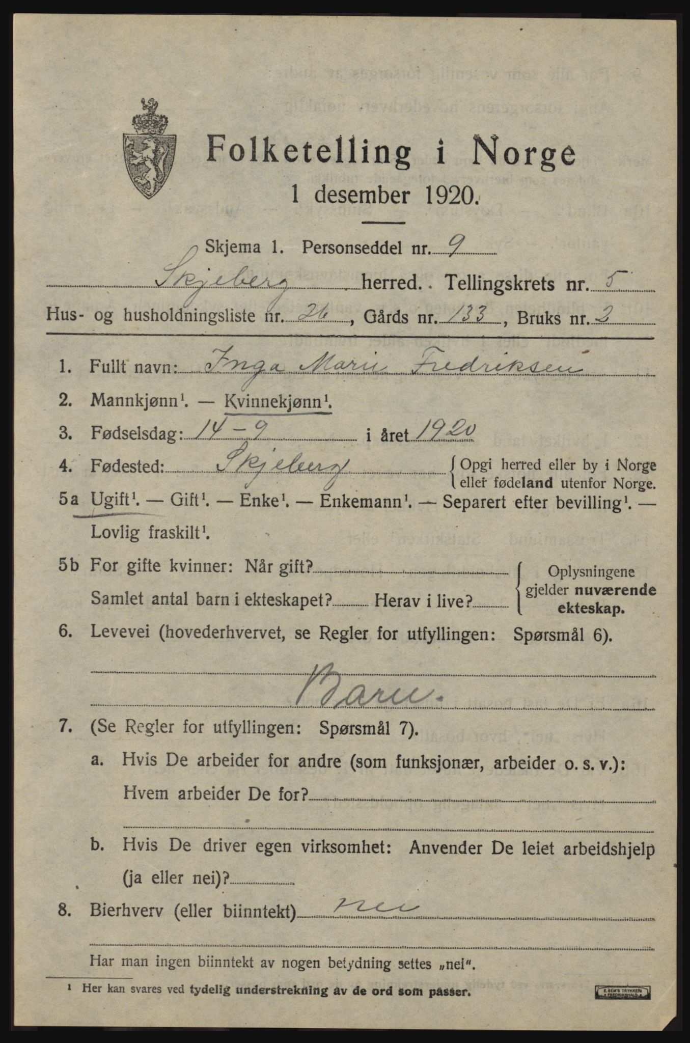 SAO, 1920 census for Skjeberg, 1920, p. 5917