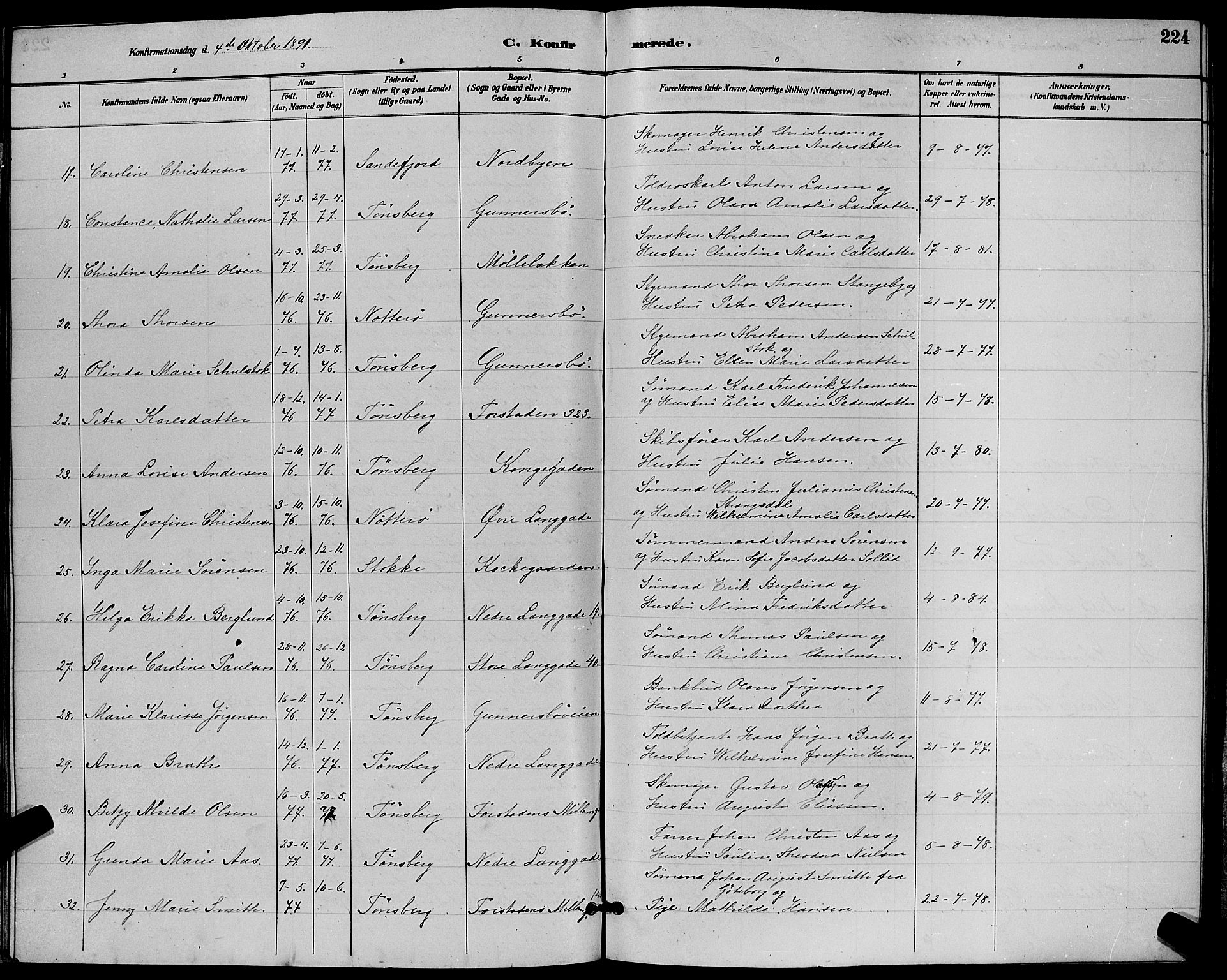 Tønsberg kirkebøker, AV/SAKO-A-330/G/Ga/L0006: Parish register (copy) no. 6, 1885-1895, p. 224