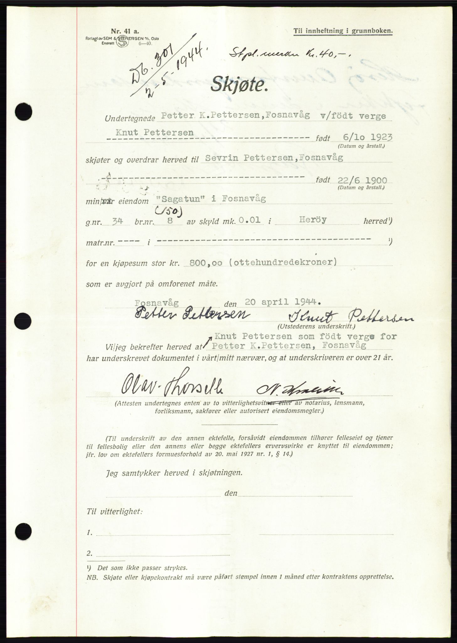 Søre Sunnmøre sorenskriveri, AV/SAT-A-4122/1/2/2C/L0076: Mortgage book no. 2A, 1943-1944, Diary no: : 301/1944