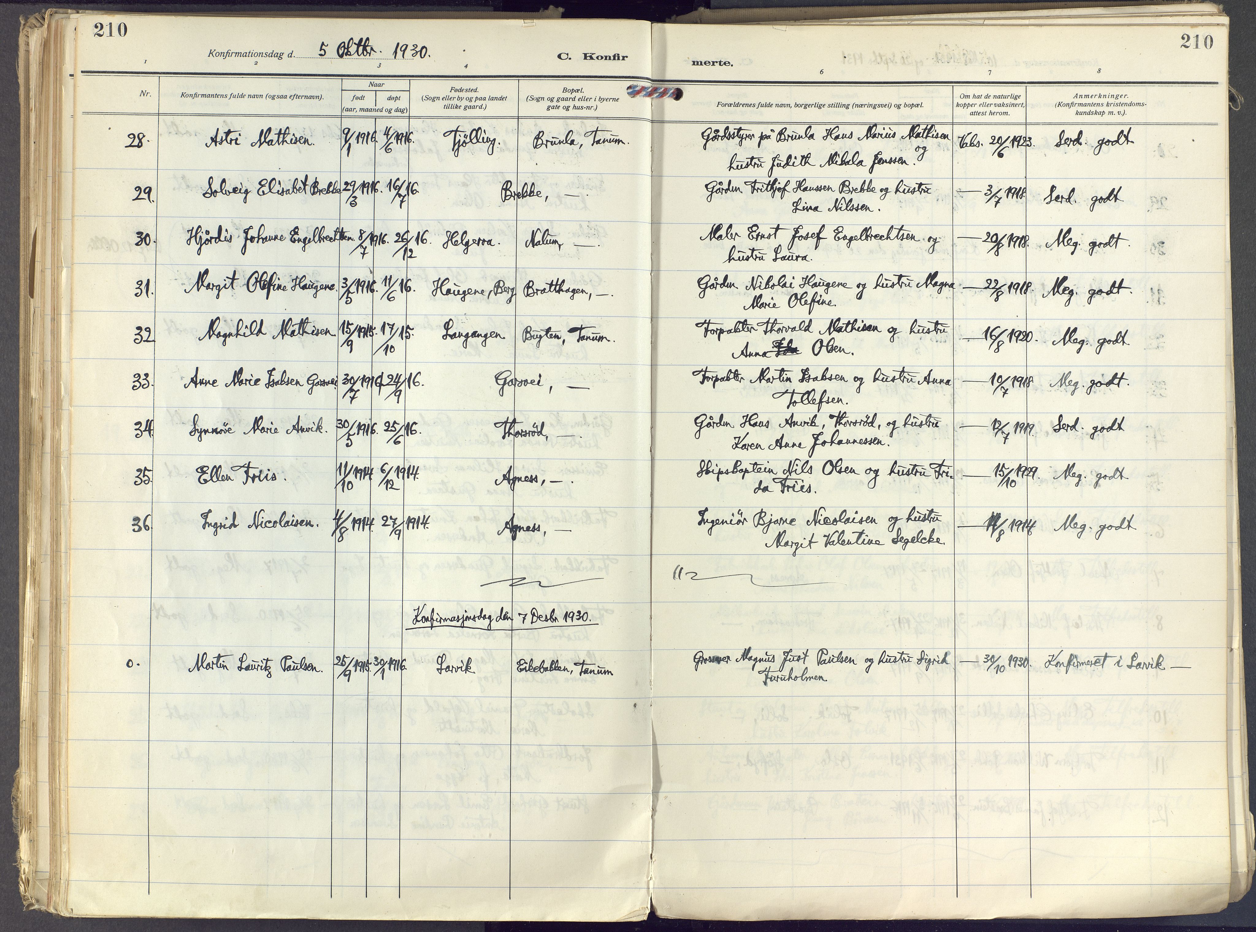 Brunlanes kirkebøker, SAKO/A-342/F/Fc/L0004: Parish register (official) no. III 4, 1923-1943, p. 210