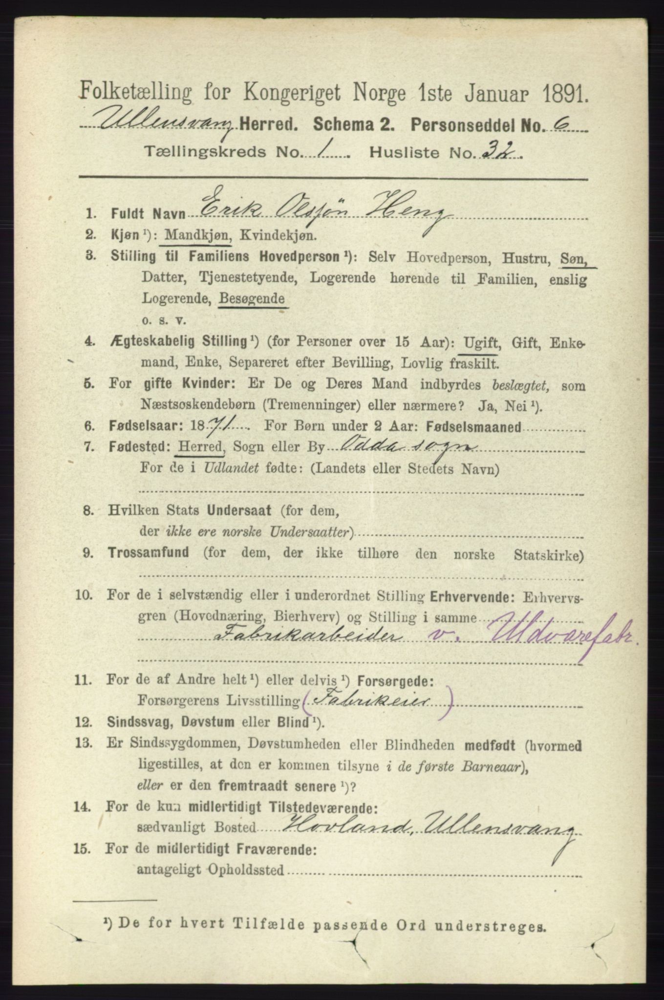 RA, 1891 census for 1230 Ullensvang, 1891, p. 276