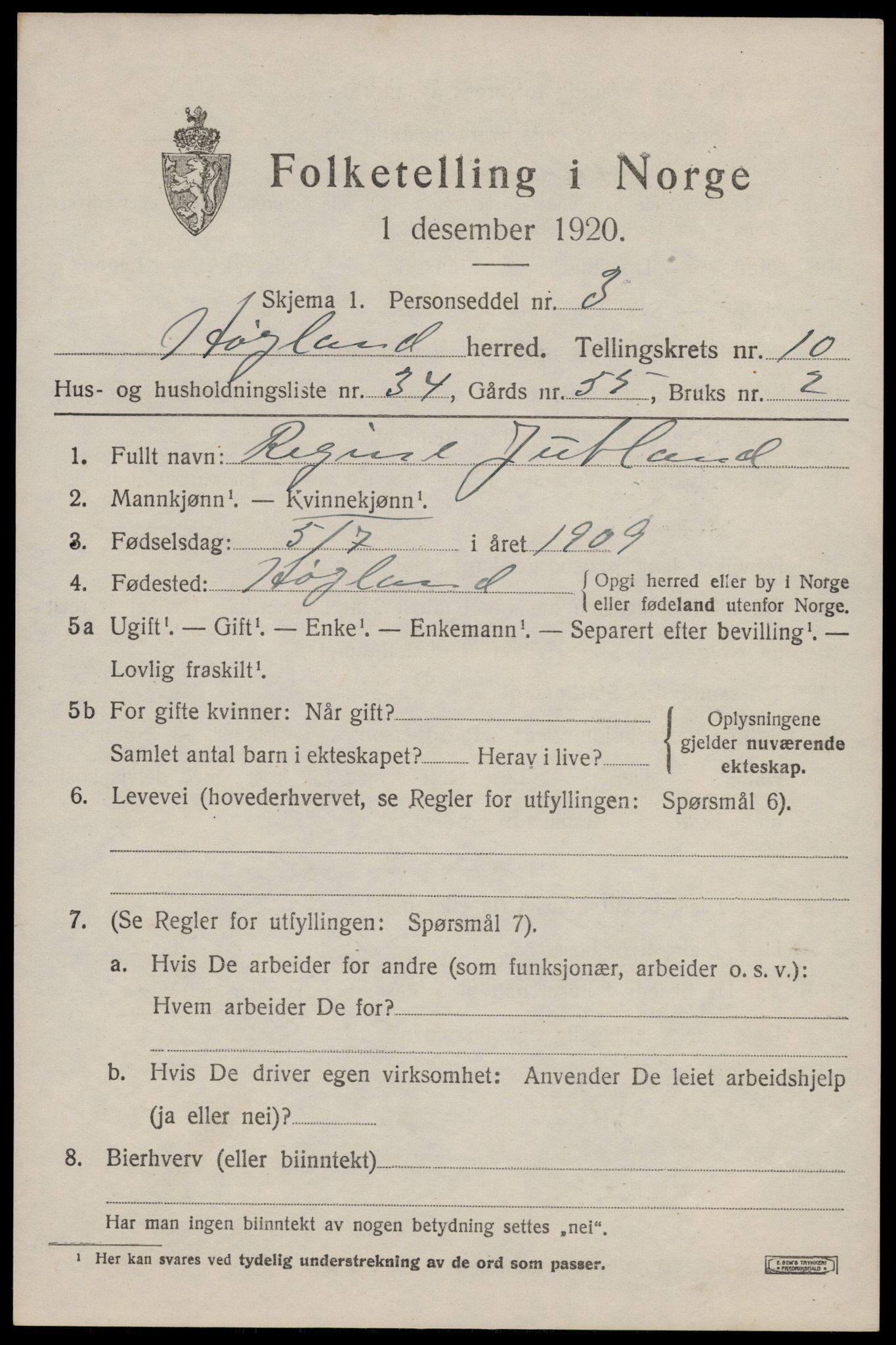 SAST, 1920 census for Høyland, 1920, p. 7626