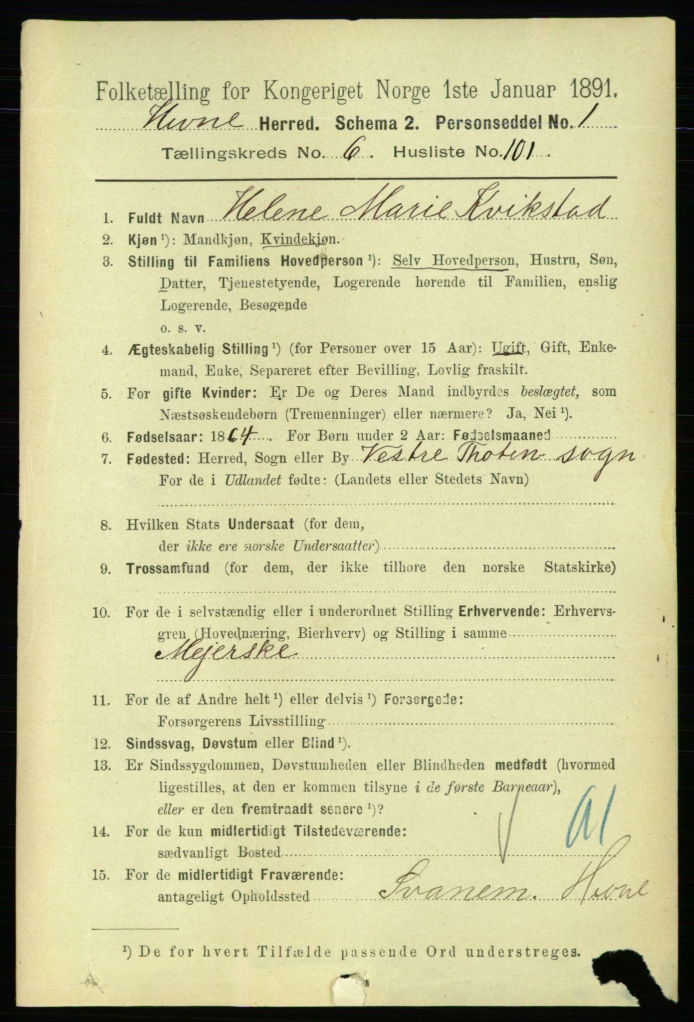 RA, 1891 census for 1612 Hemne, 1891, p. 4046