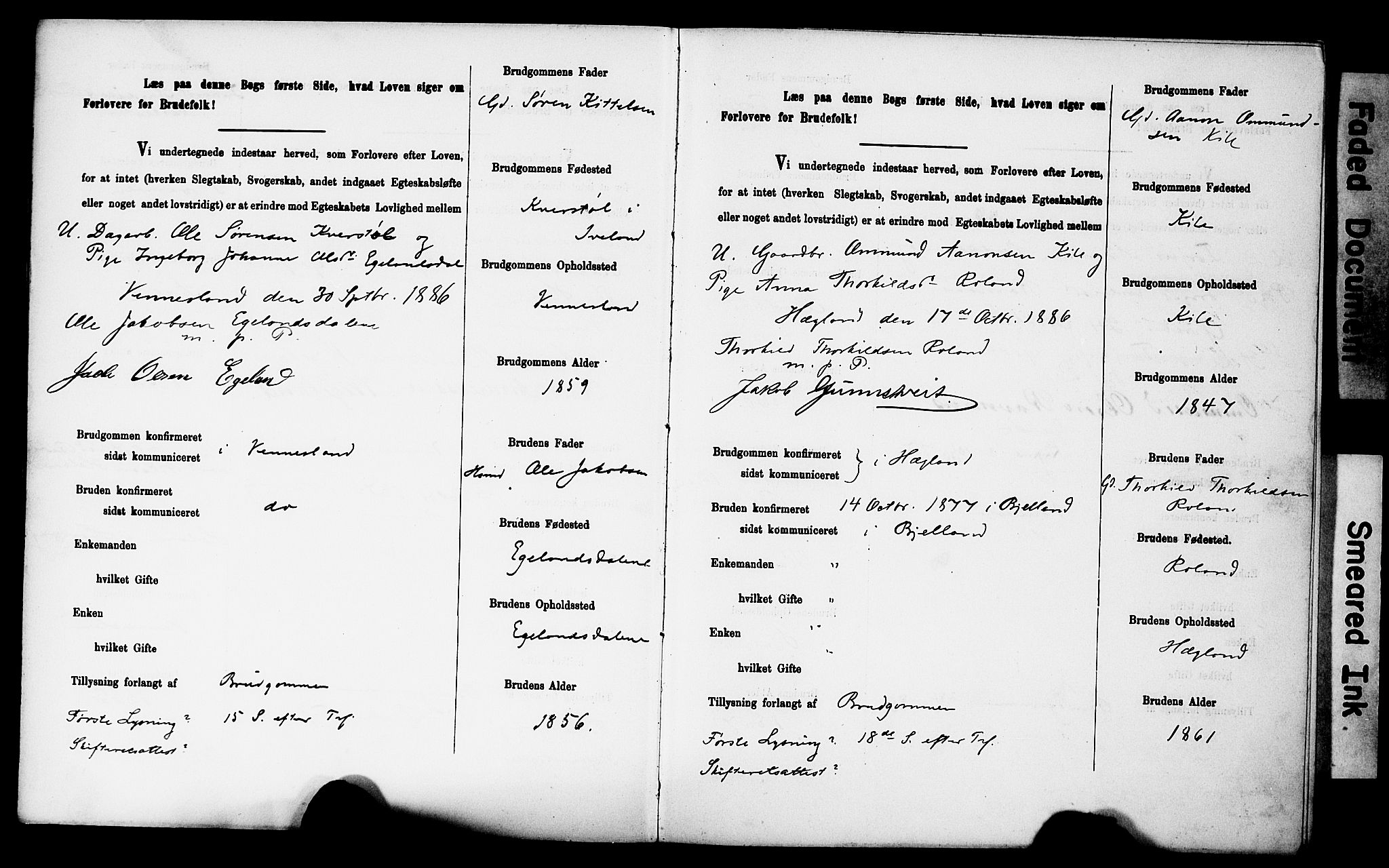 Vennesla sokneprestkontor, AV/SAK-1111-0045/J/L0032/0003: Banns register no. II 5 1, 1886-1892, p. 4