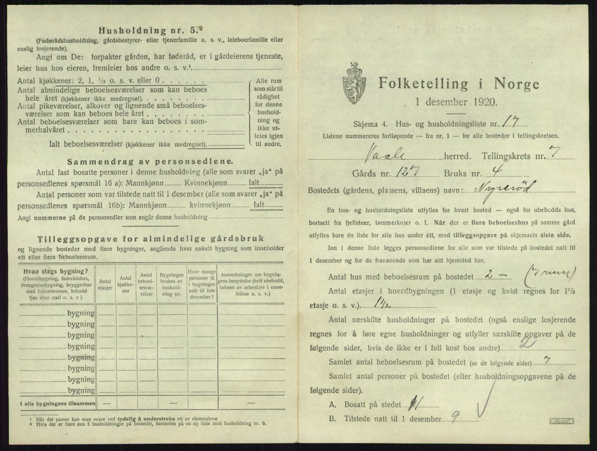 SAKO, 1920 census for Våle, 1920, p. 889