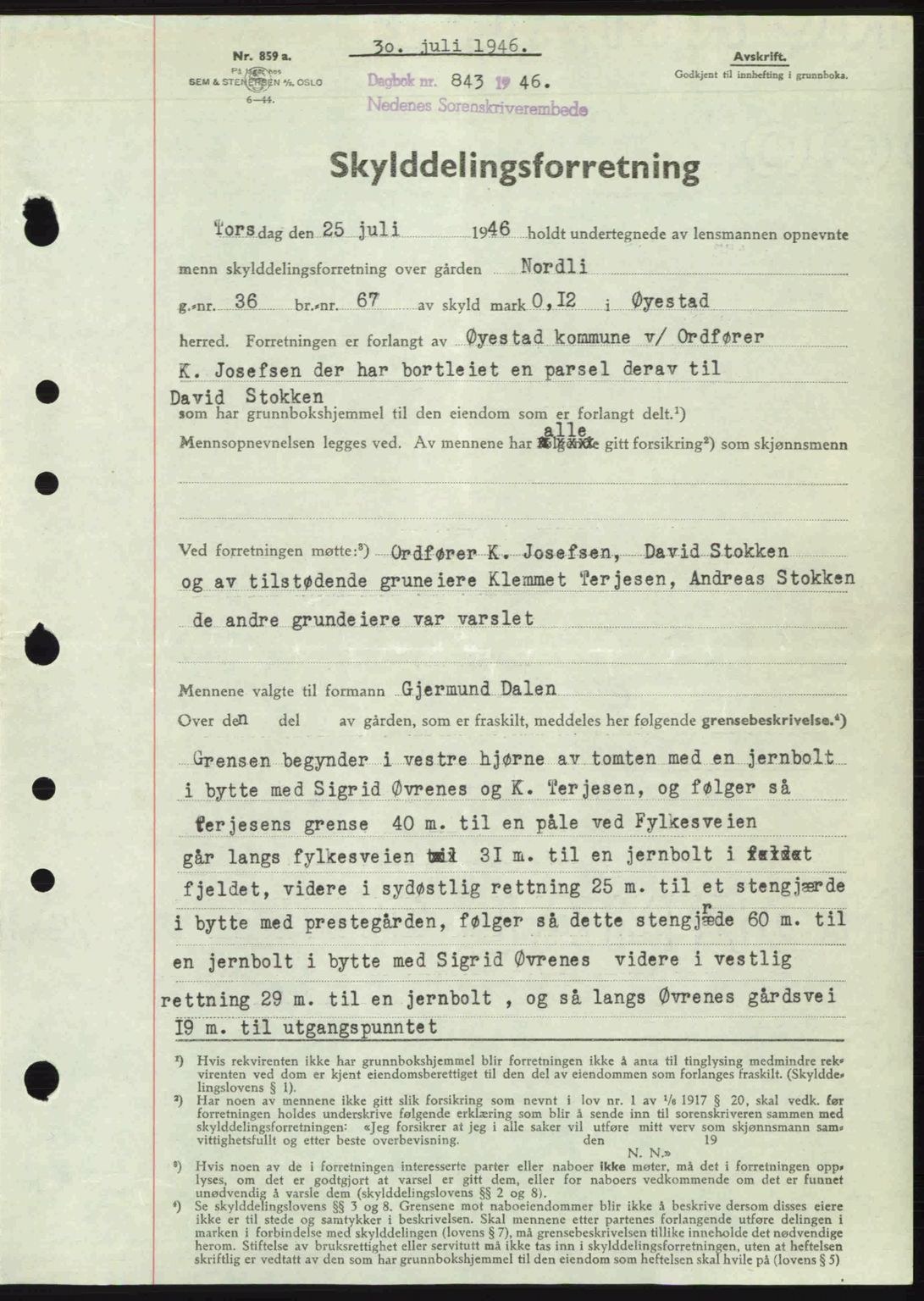 Nedenes sorenskriveri, SAK/1221-0006/G/Gb/Gba/L0055: Mortgage book no. A7, 1946-1946, Diary no: : 843/1946