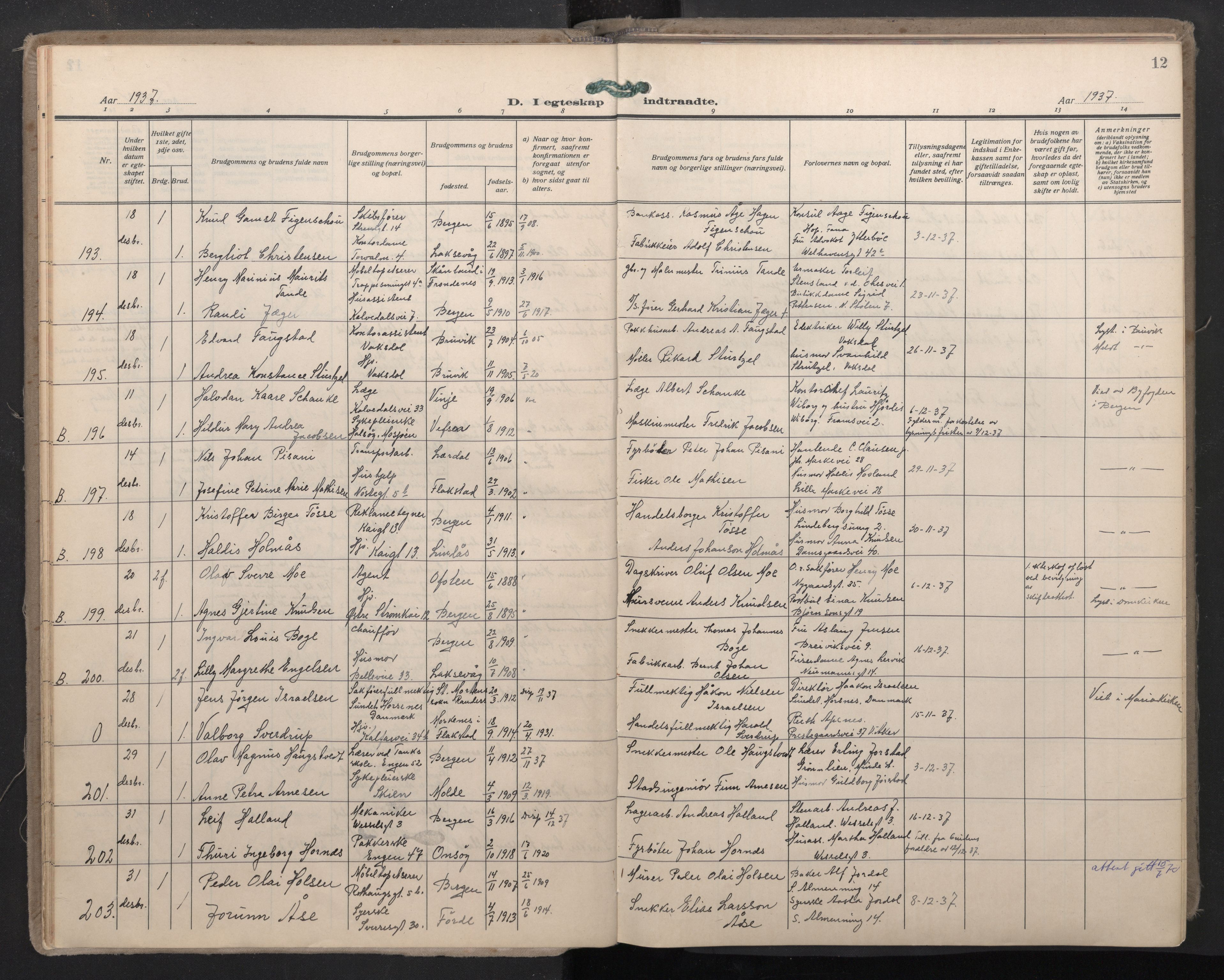 Domkirken sokneprestembete, AV/SAB-A-74801/H/Haa: Parish register (official) no. D 7, 1937-1950, p. 11b-12a