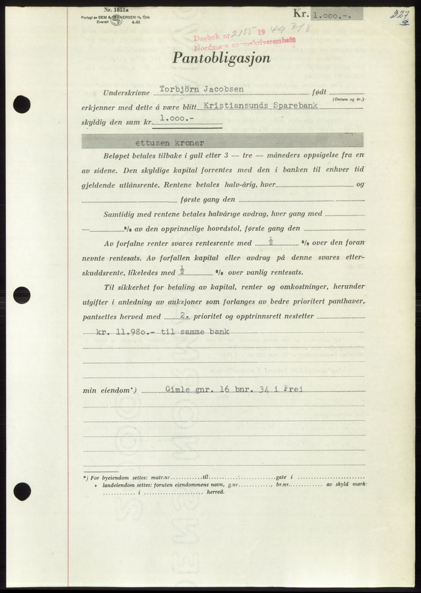 Nordmøre sorenskriveri, AV/SAT-A-4132/1/2/2Ca: Mortgage book no. B102, 1949-1949, Diary no: : 2155/1949