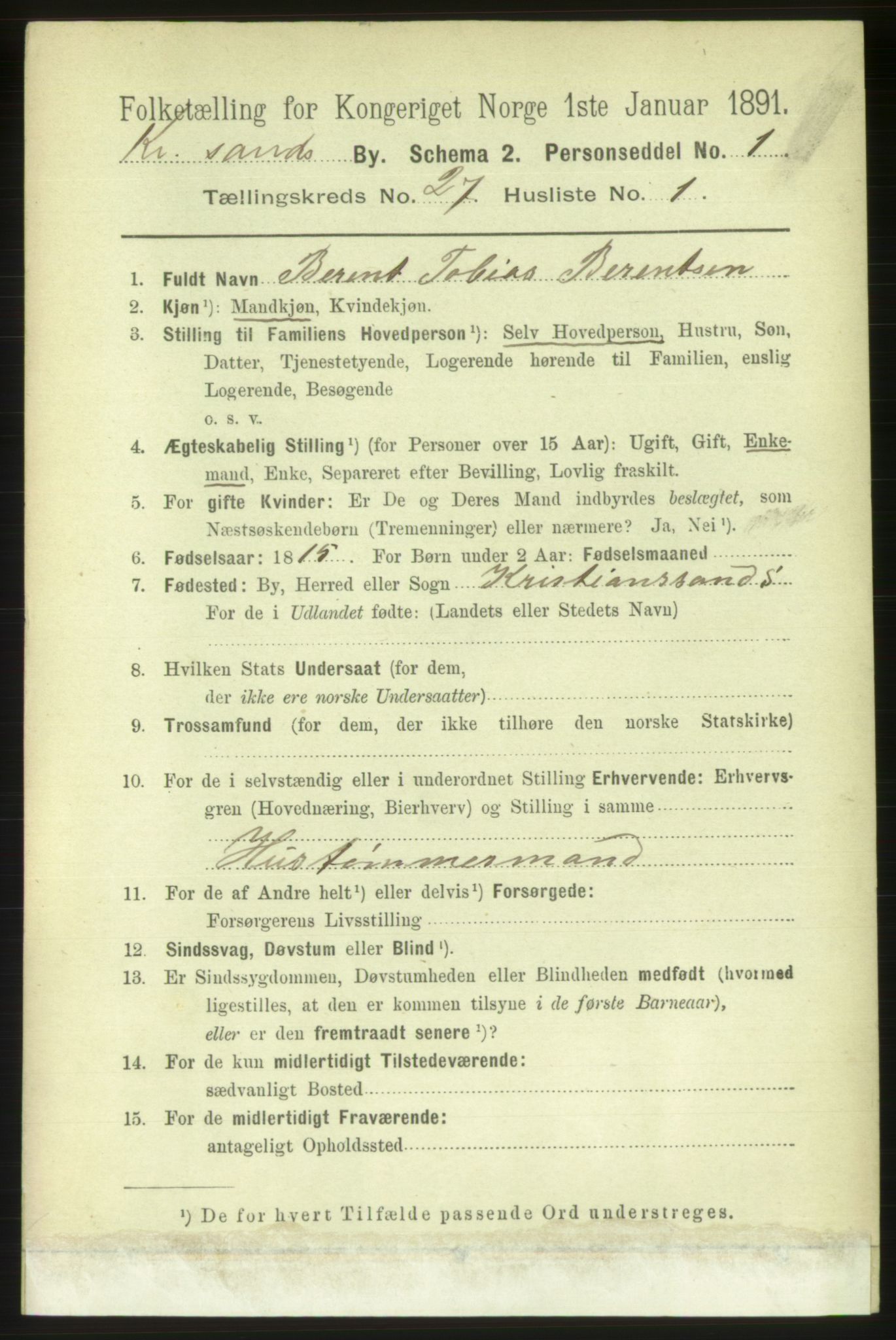 RA, 1891 census for 1001 Kristiansand, 1891, p. 9402