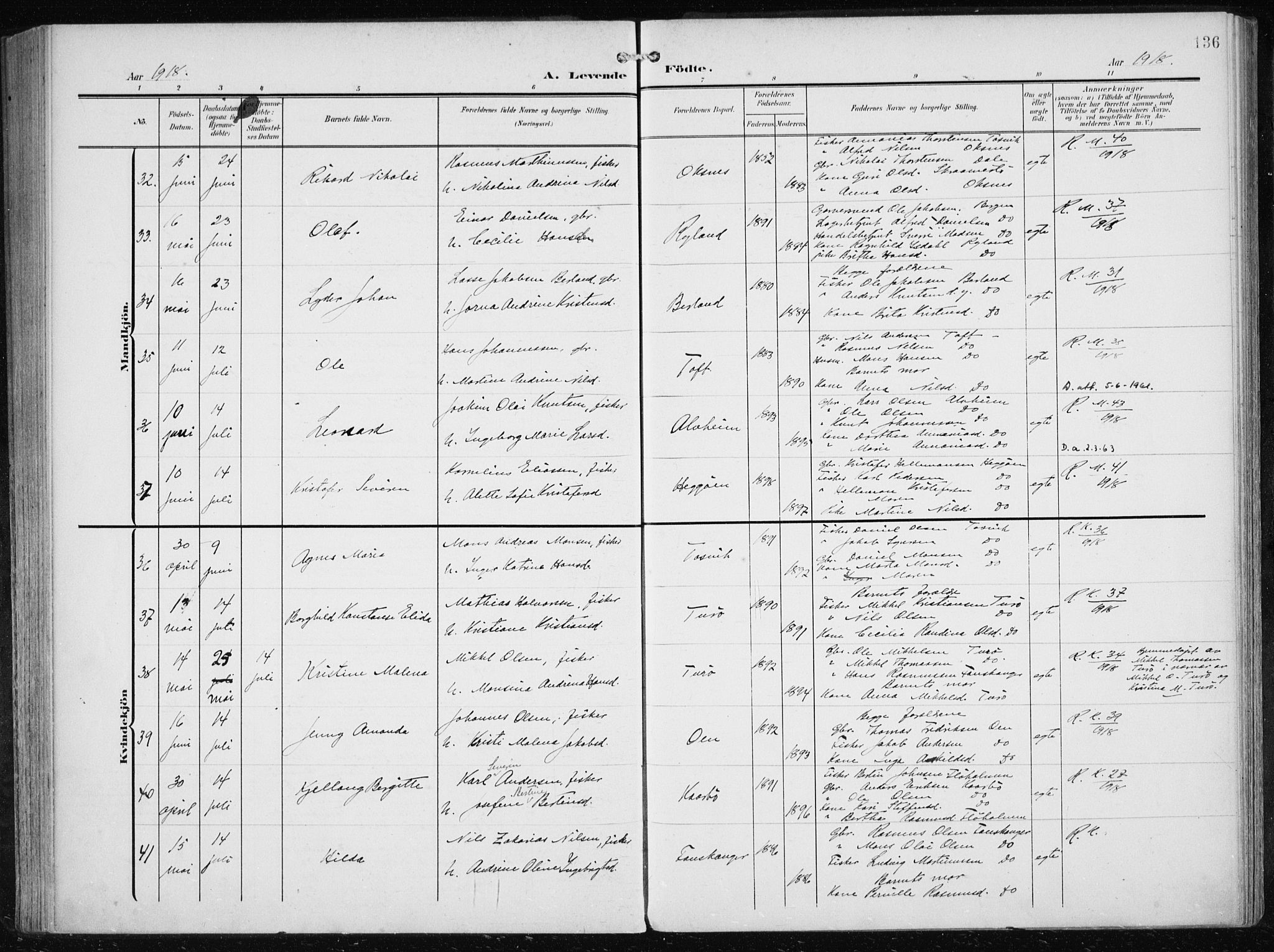 Herdla Sokneprestembete, SAB/A-75701/H/Haa: Parish register (official) no. A 5, 1905-1918, p. 136