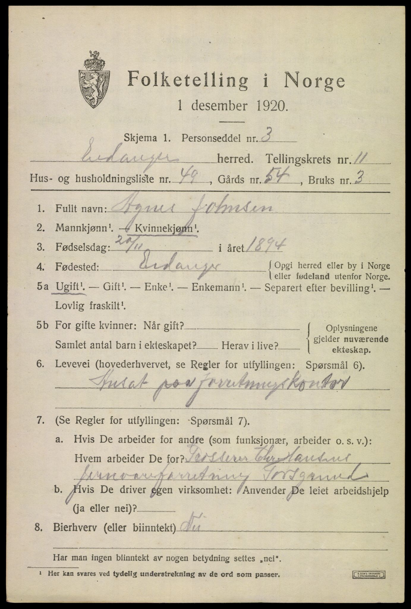 SAKO, 1920 census for Eidanger, 1920, p. 7184