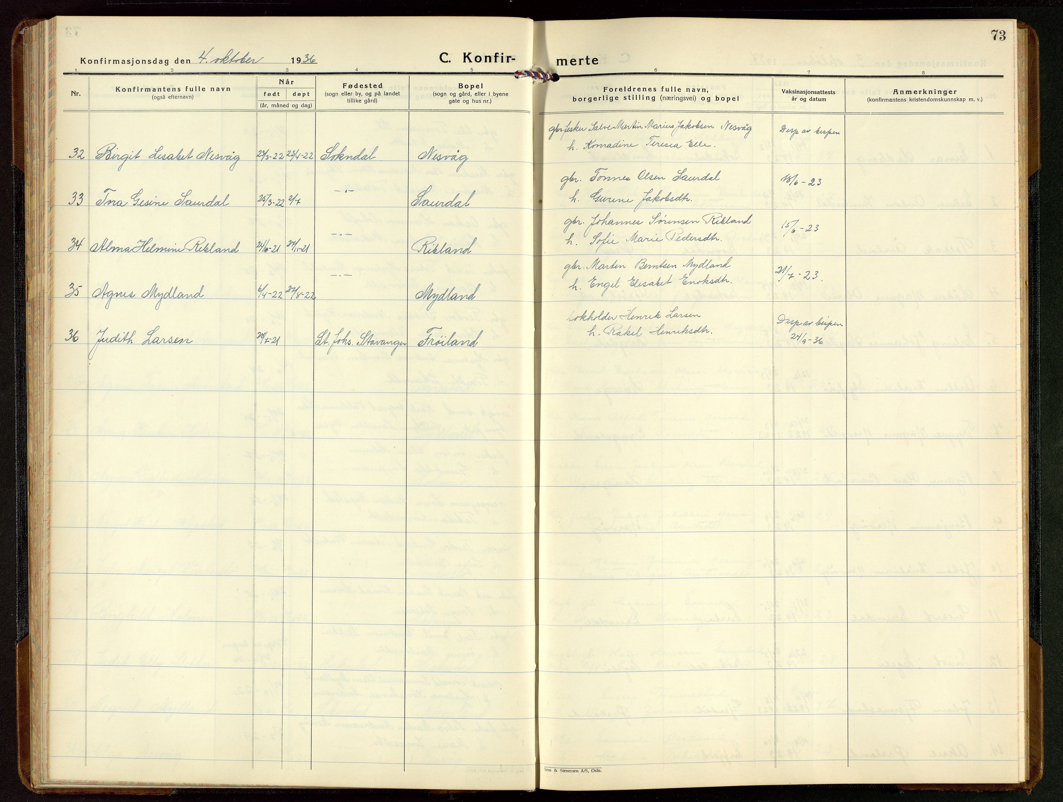 Sokndal sokneprestkontor, SAST/A-101808: Parish register (copy) no. B 9, 1935-1949, p. 73