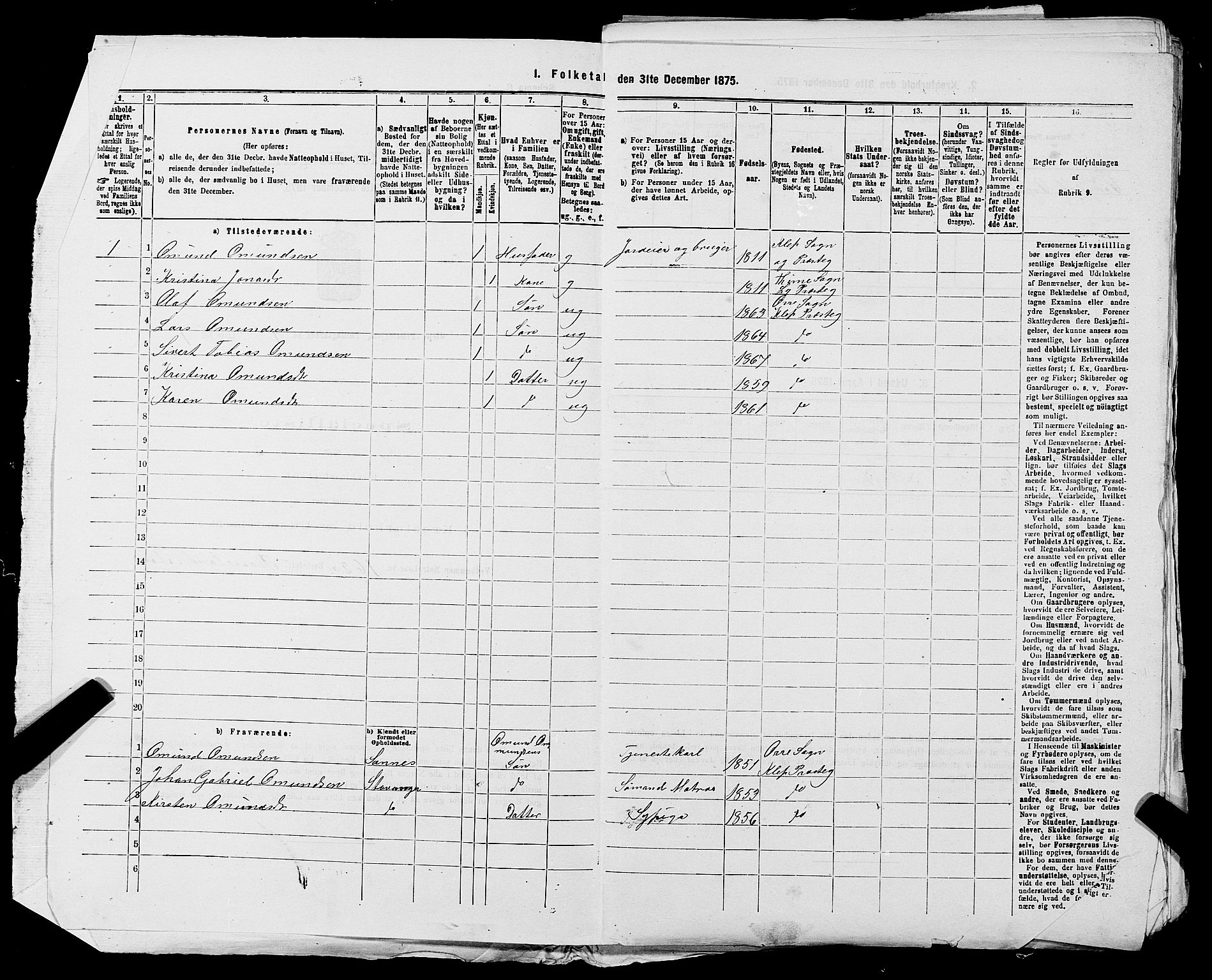 SAST, 1875 census for 1120P Klepp, 1875, p. 38