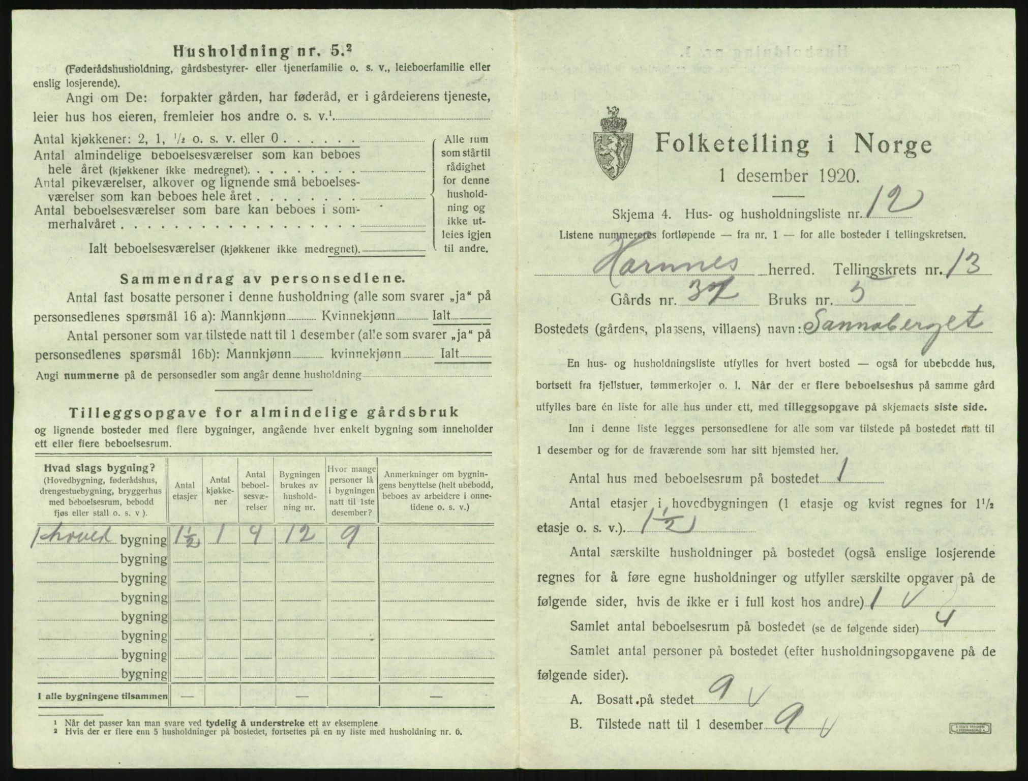 SAK, 1920 census for Hornnes, 1920, p. 527