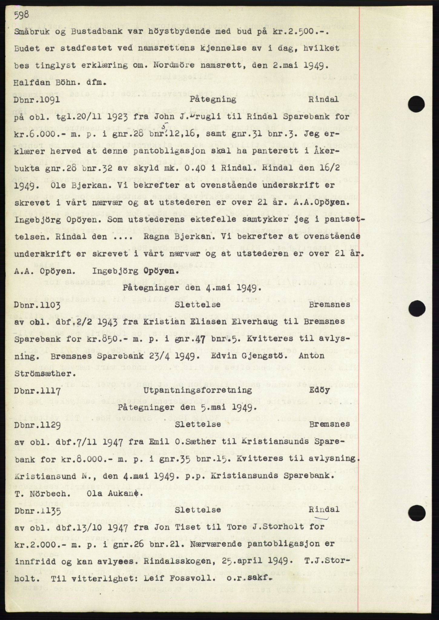 Nordmøre sorenskriveri, SAT/A-4132/1/2/2Ca: Mortgage book no. C82b, 1946-1951, Diary no: : 1091/1949