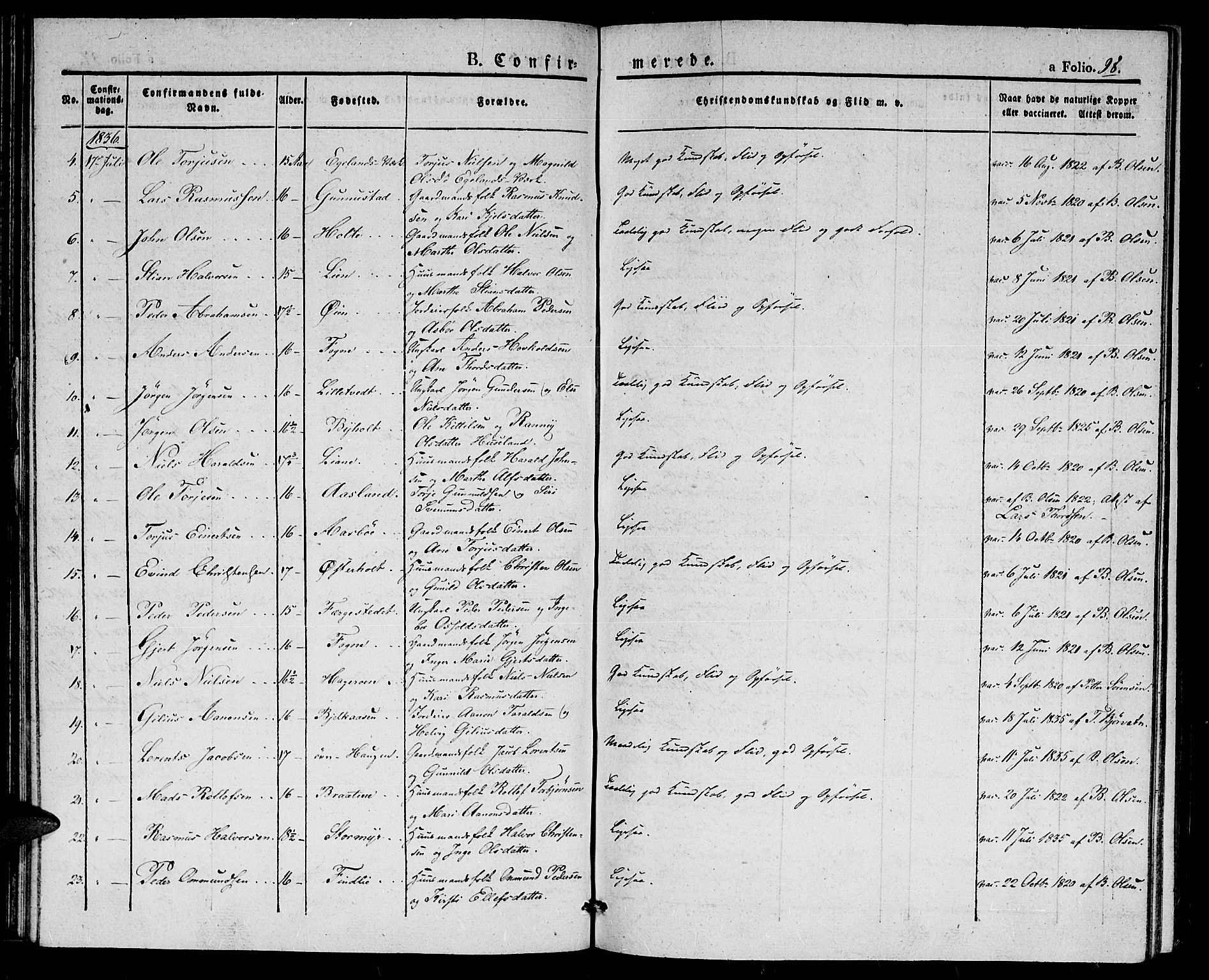 Gjerstad sokneprestkontor, AV/SAK-1111-0014/F/Fa/Faa/L0005: Parish register (official) no. A 5, 1829-1841, p. 98