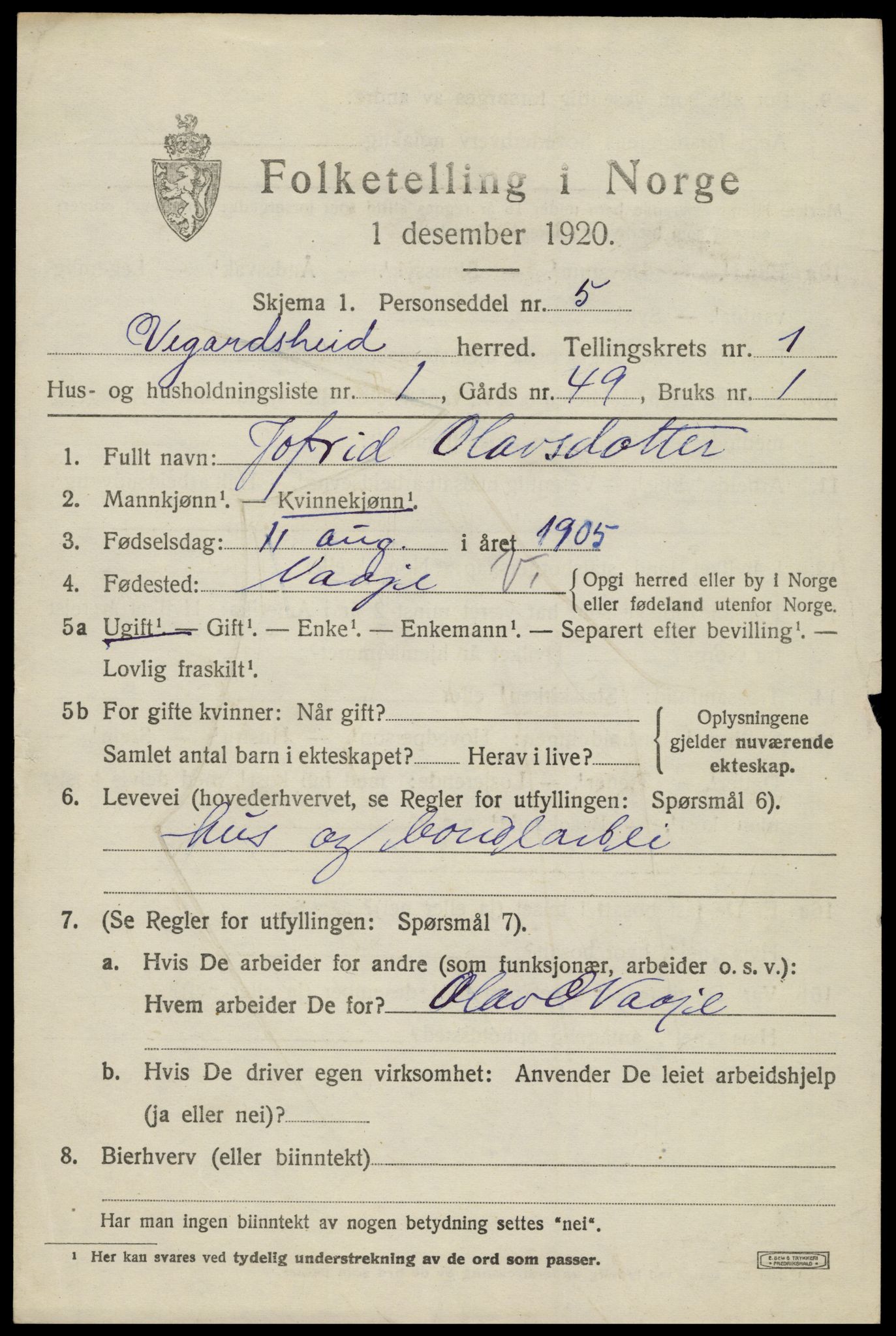 SAK, 1920 census for Vegårshei, 1920, p. 676