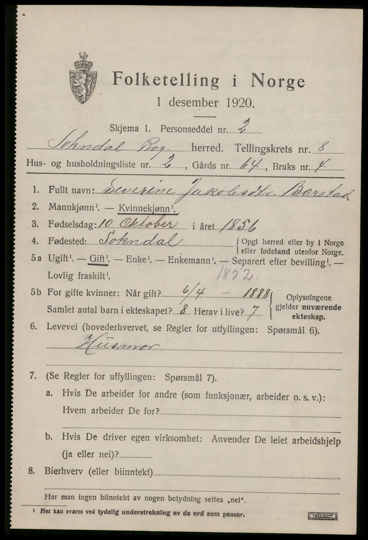 SAST, 1920 census for Sokndal, 1920, p. 4821