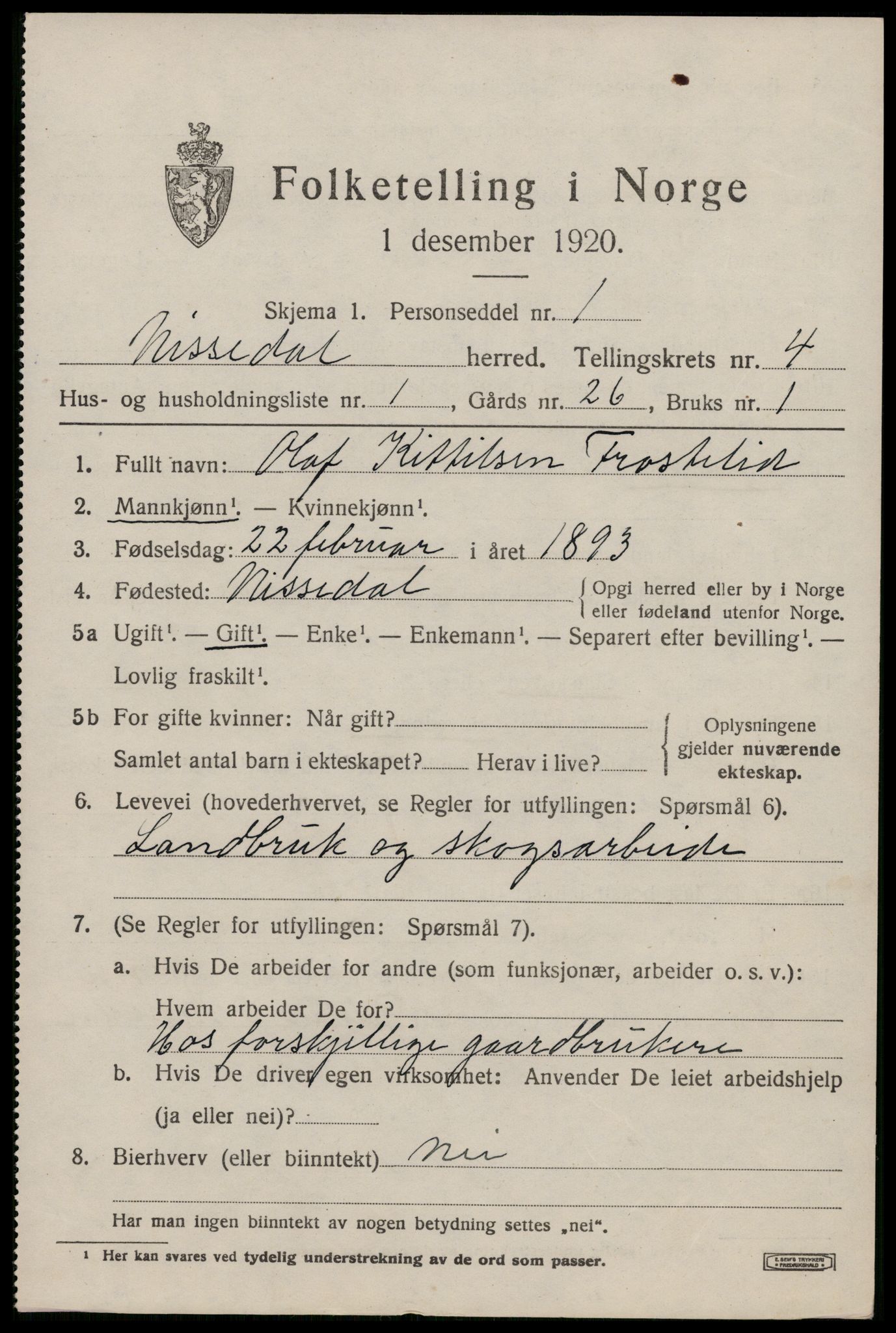 SAKO, 1920 census for Nissedal, 1920, p. 1827