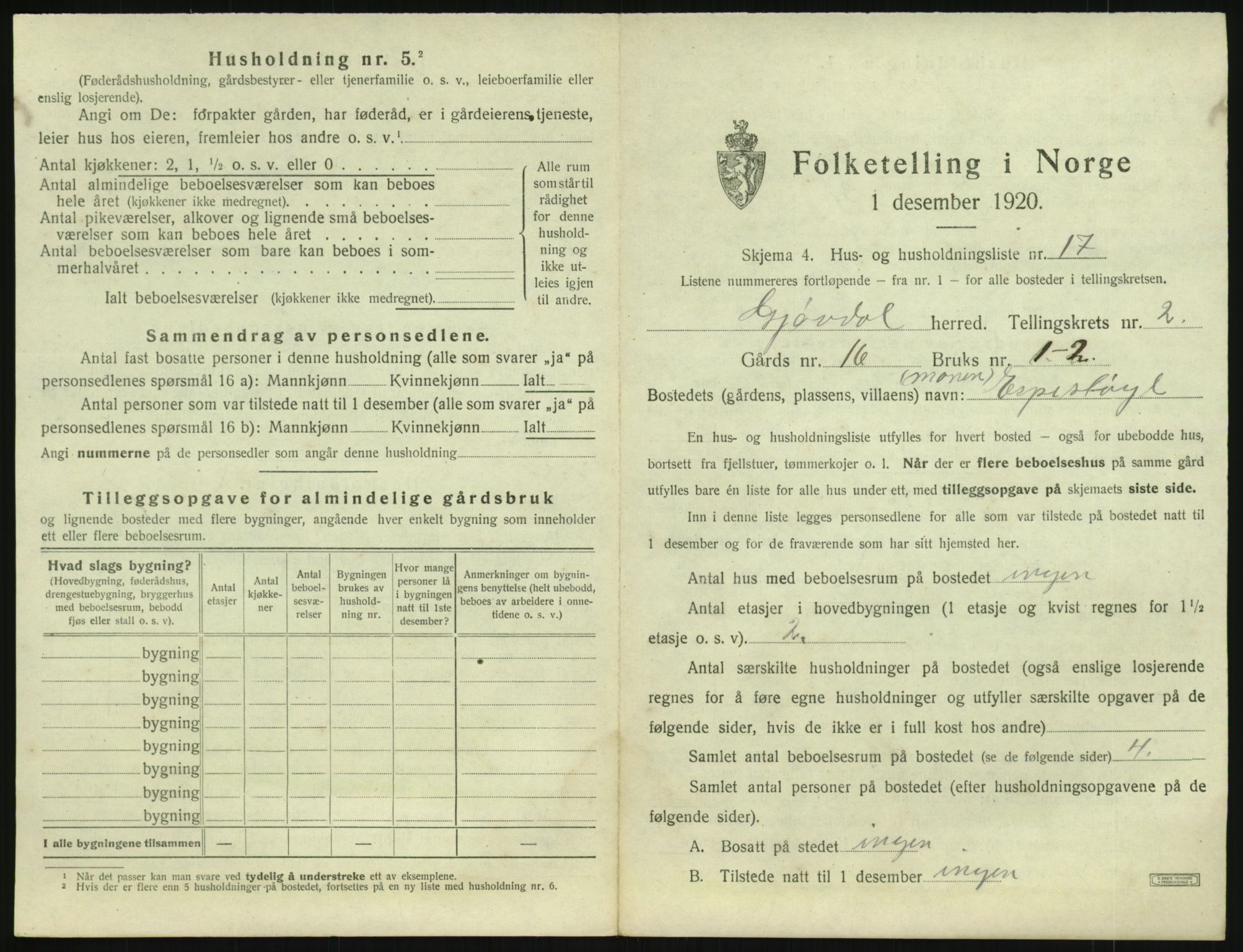 SAK, 1920 census for Gjøvdal, 1920, p. 156