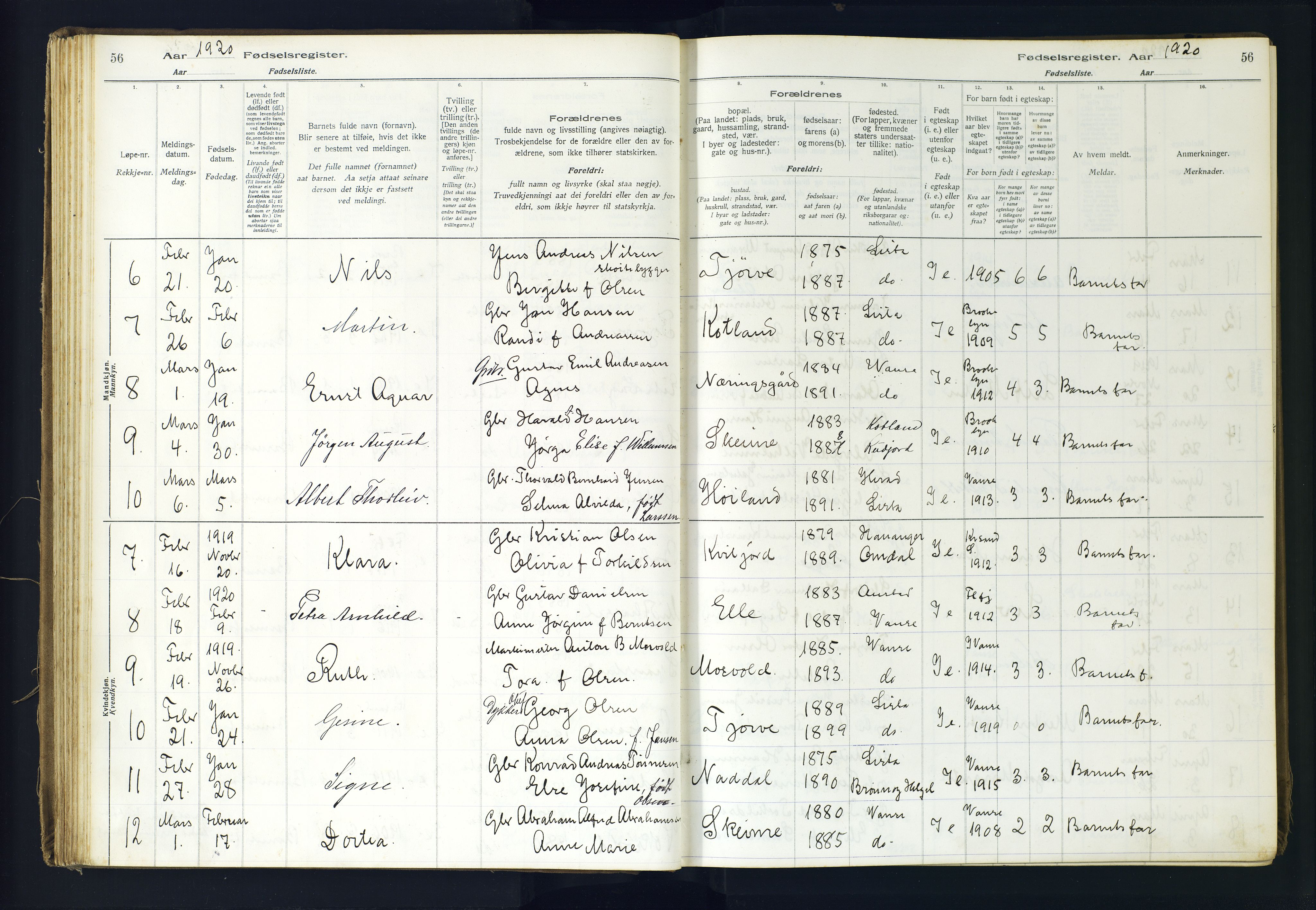 Lista sokneprestkontor, SAK/1111-0027/J/Ja/L0001: Birth register no. A-VI-30, 1916-1934, p. 56