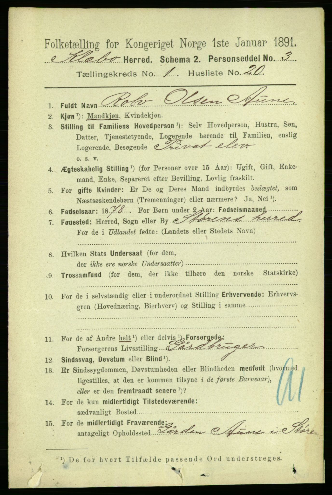 RA, 1891 census for 1662 Klæbu, 1891, p. 185