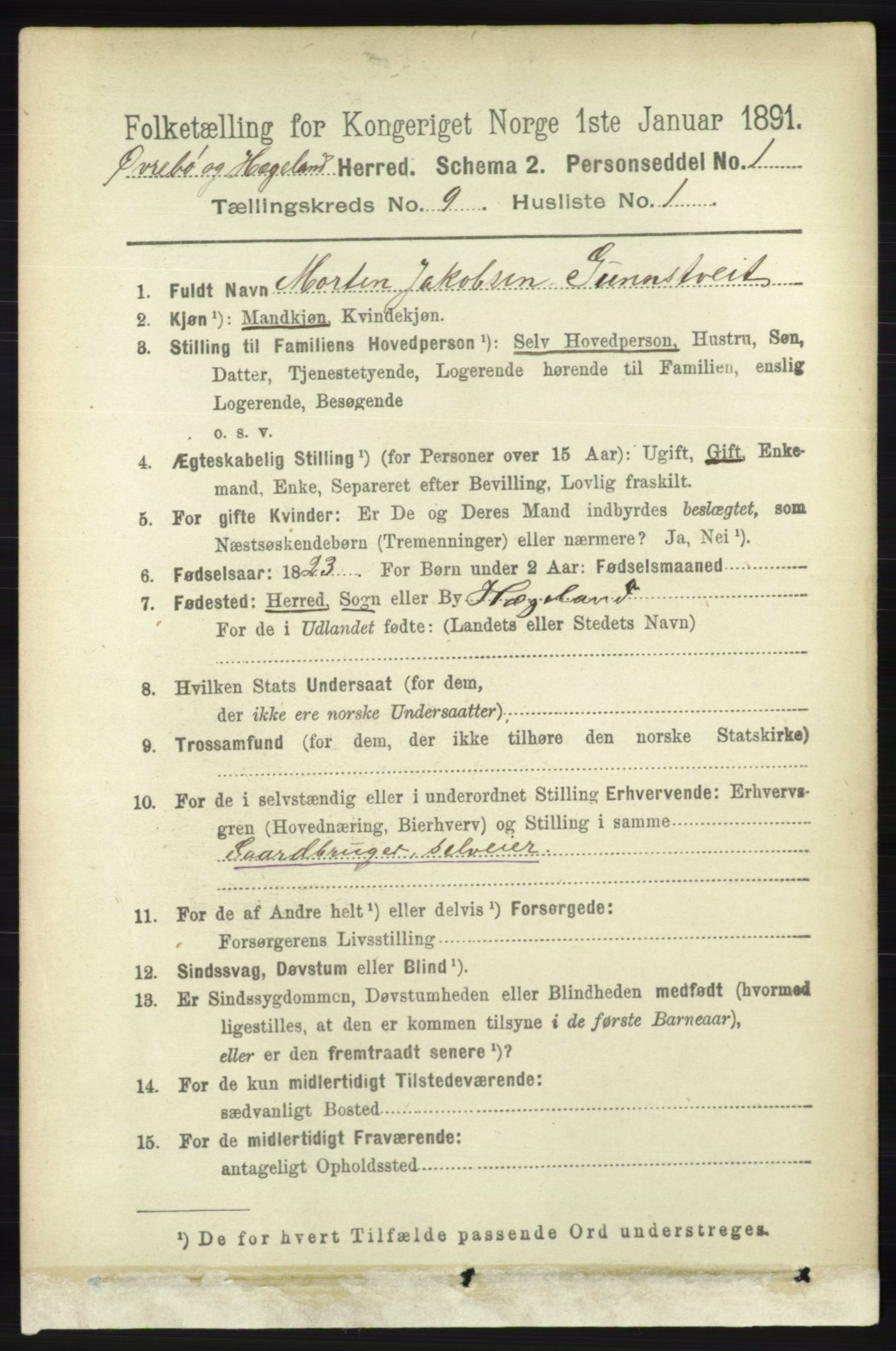 RA, 1891 census for 1016 Øvrebø og Hægeland, 1891, p. 1748