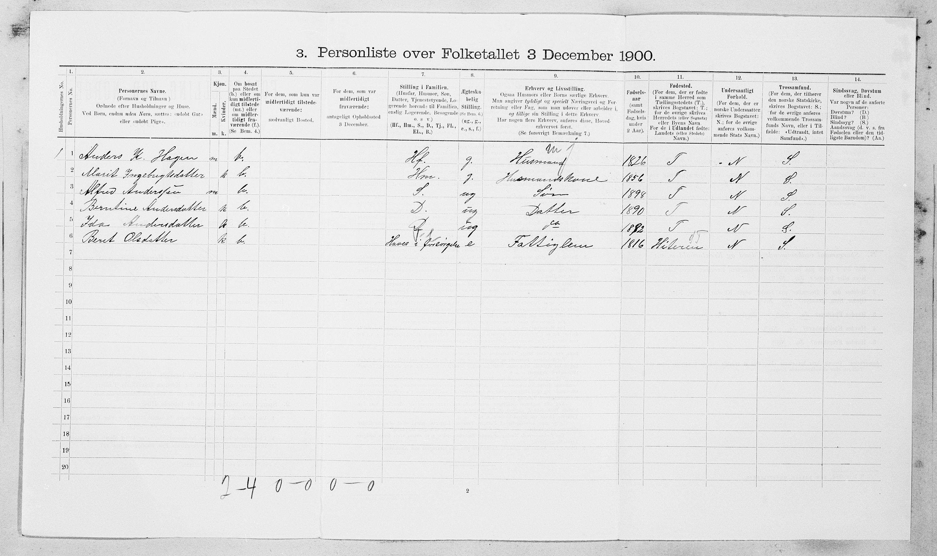 SAT, 1900 census for Hemne, 1900, p. 226