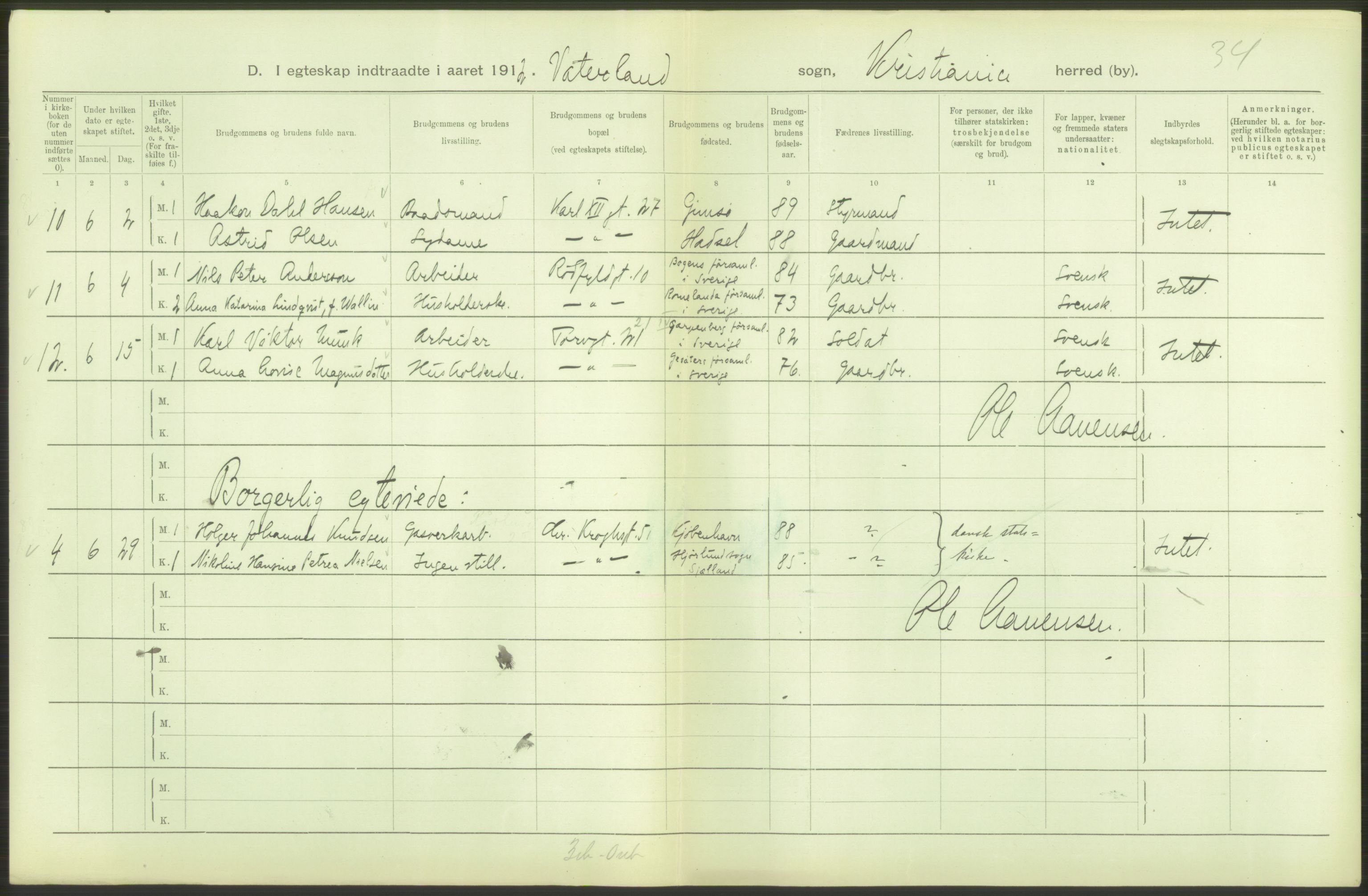 Statistisk sentralbyrå, Sosiodemografiske emner, Befolkning, RA/S-2228/D/Df/Dfb/Dfbb/L0008: Kristiania: Gifte, 1912, p. 92