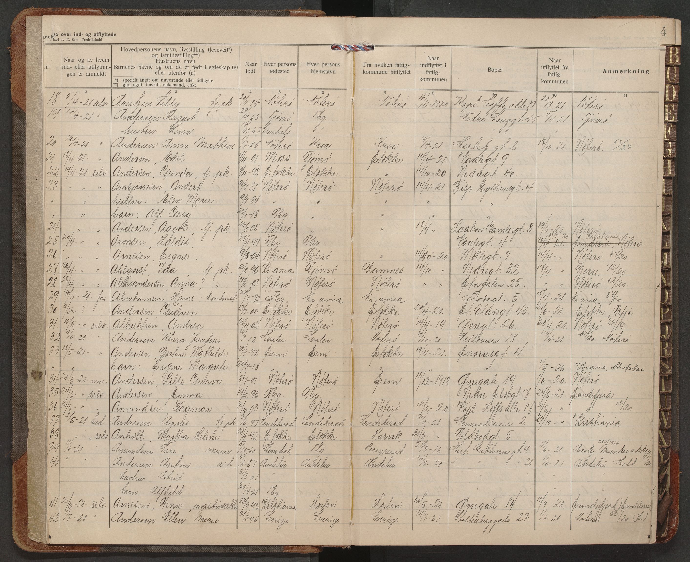 Tønsberg folkeregister, AV/SAKO-A-398/G/Gb/L0001: Protokoll over inn- og utflyttede, 1921-1923