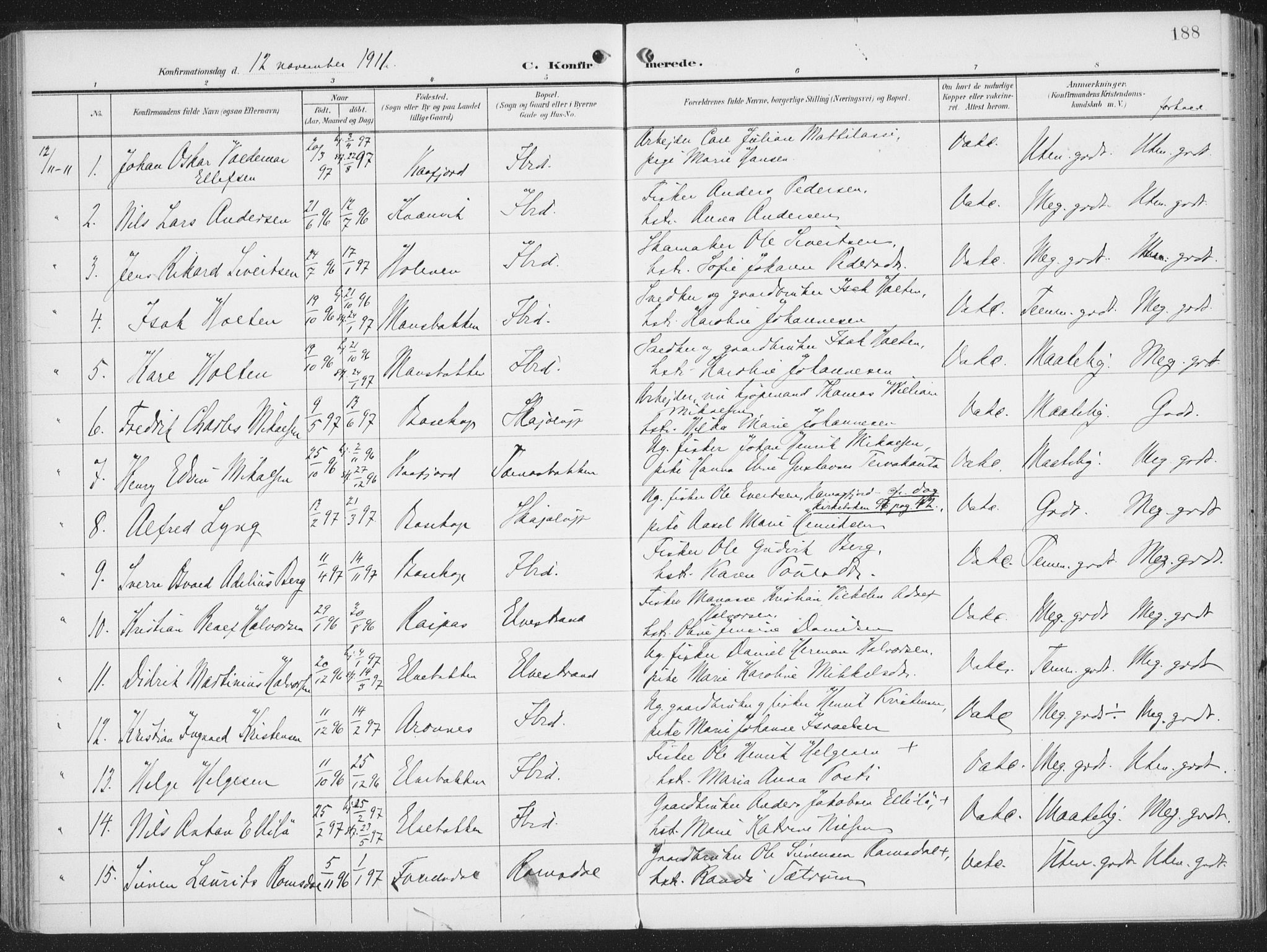 Alta sokneprestkontor, SATØ/S-1338/H/Ha/L0005.kirke: Parish register (official) no. 5, 1904-1918, p. 188