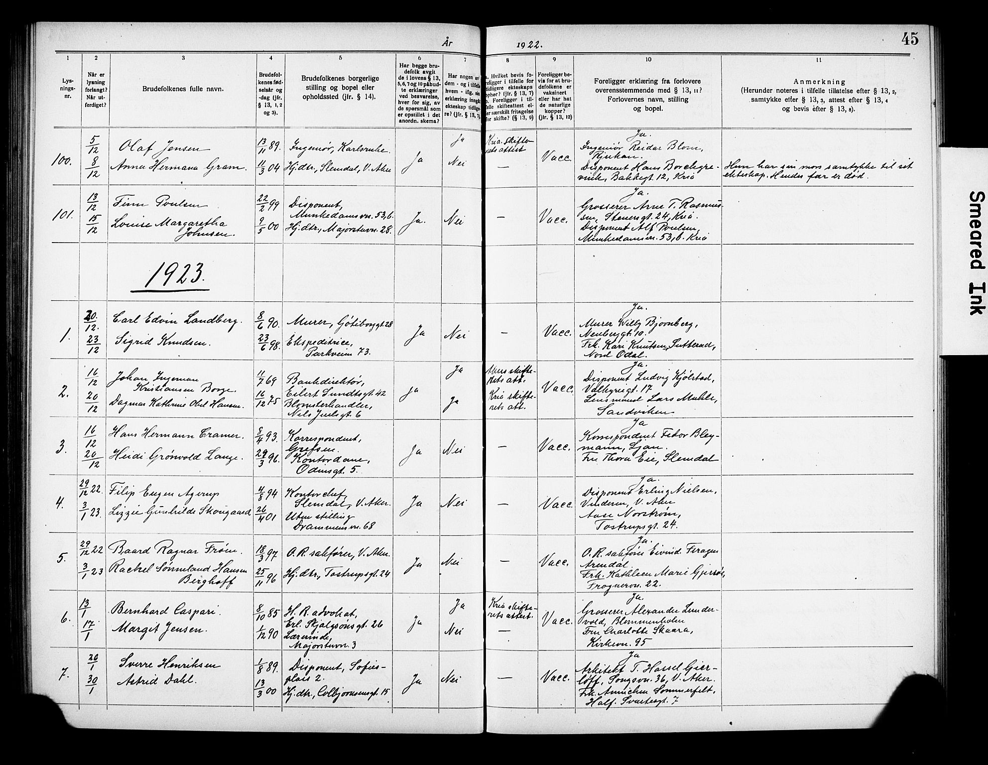 Frogner prestekontor Kirkebøker, AV/SAO-A-10886/H/Ha/L0005: Banns register no. 5, 1919-1927, p. 45