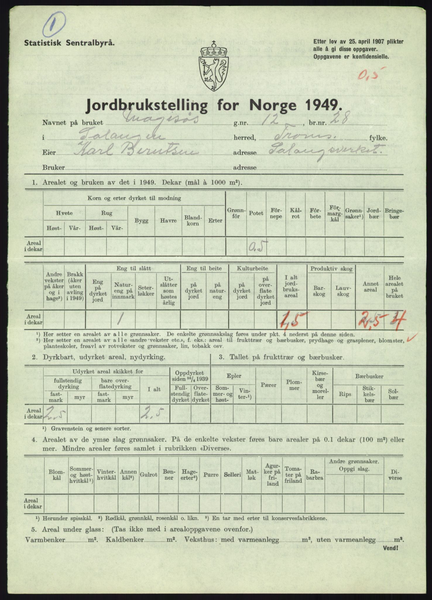 Statistisk sentralbyrå, Næringsøkonomiske emner, Jordbruk, skogbruk, jakt, fiske og fangst, AV/RA-S-2234/G/Gc/L0438: Troms: Salangen og Bardu, 1949, p. 42