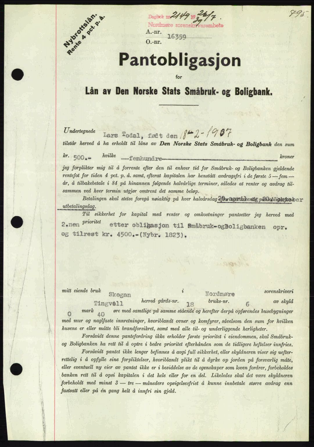 Nordmøre sorenskriveri, AV/SAT-A-4132/1/2/2Ca: Mortgage book no. B85, 1939-1939, Diary no: : 2149/1939