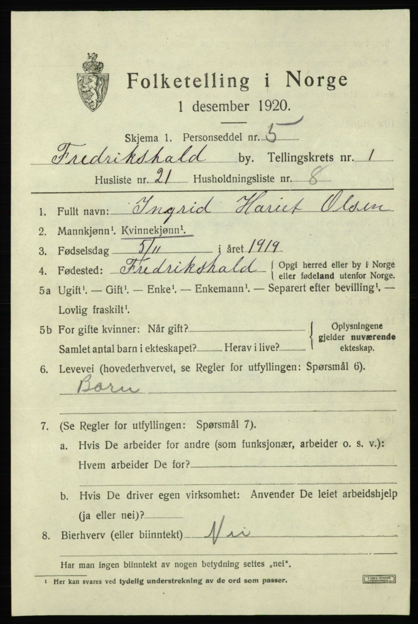 SAO, 1920 census for Fredrikshald, 1920, p. 8448