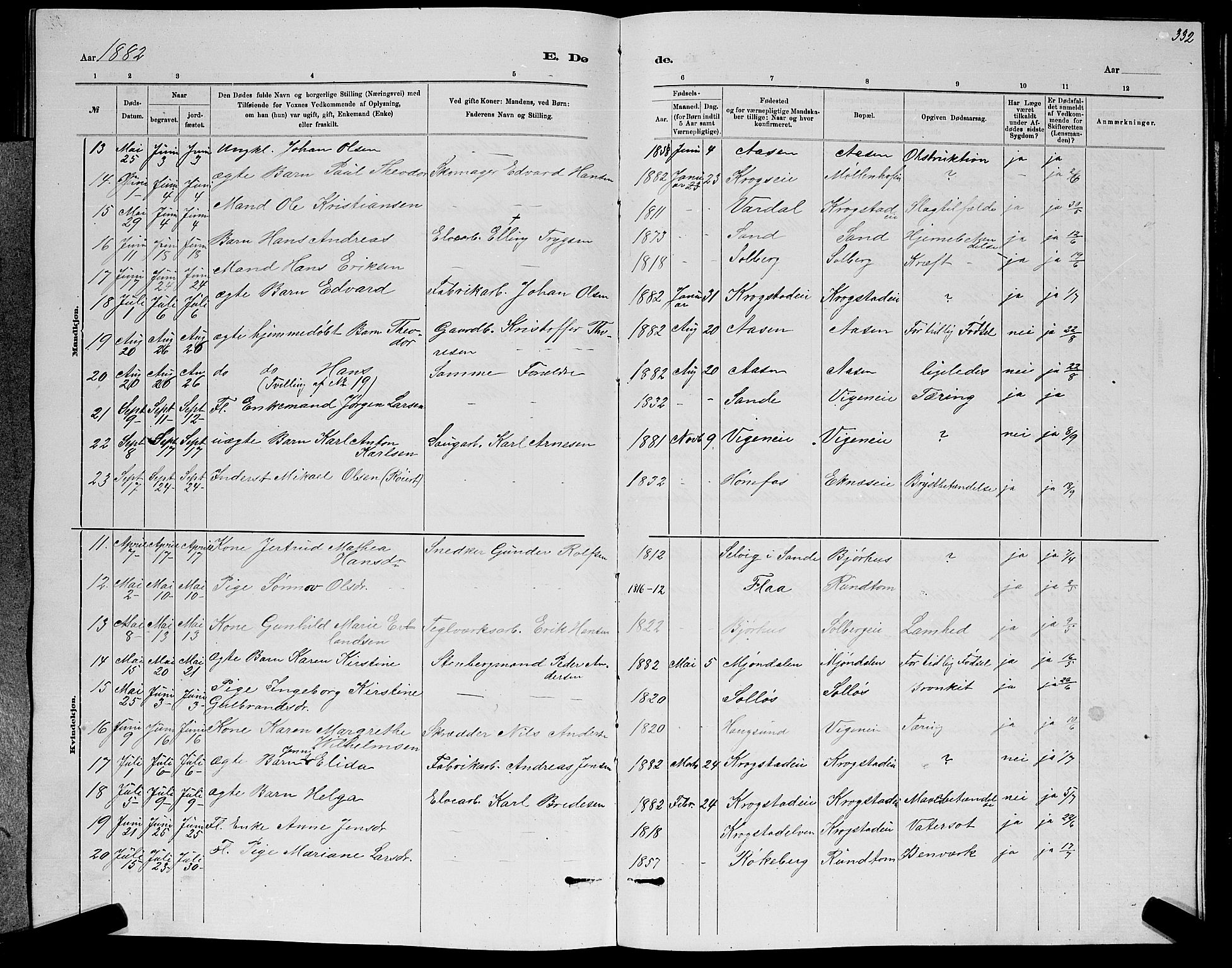 Nedre Eiker kirkebøker, AV/SAKO-A-612/G/Ga/L0002: Parish register (copy) no. 2, 1880-1896, p. 332