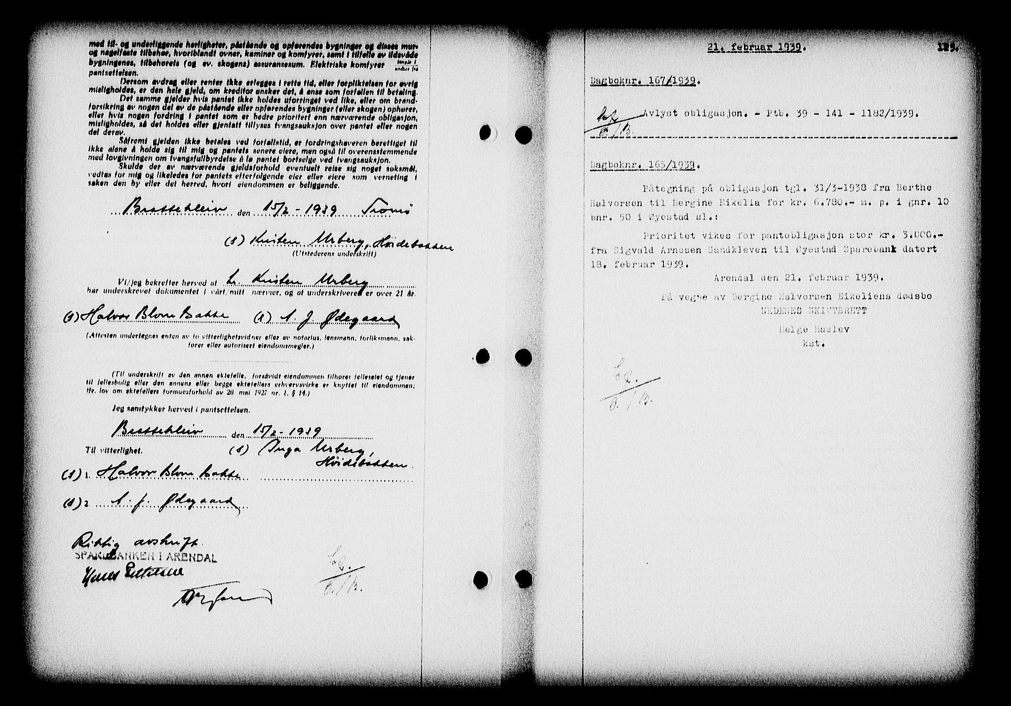 Nedenes sorenskriveri, SAK/1221-0006/G/Gb/Gba/L0046: Mortgage book no. 42, 1938-1939, Diary no: : 165/1939