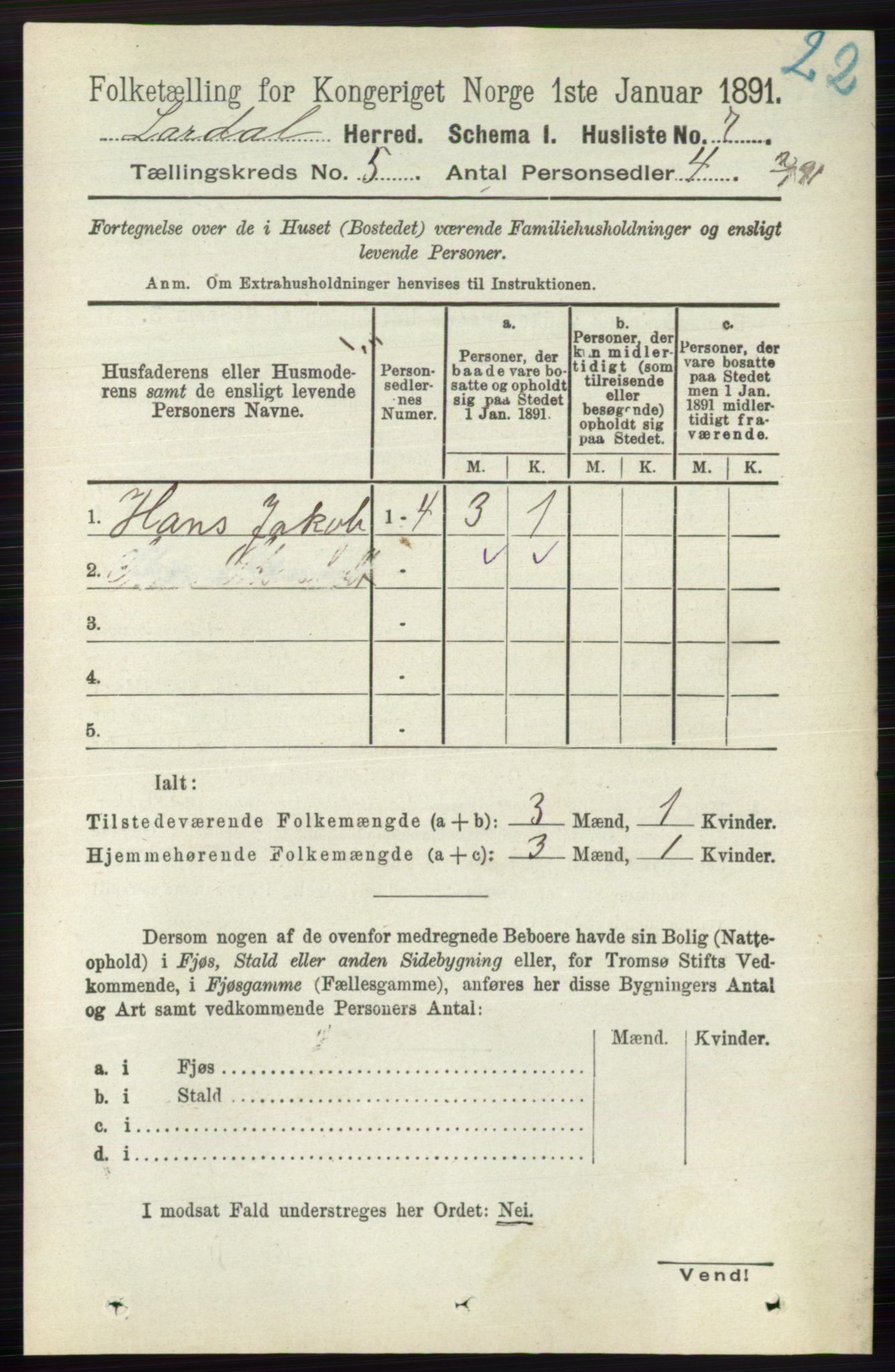 RA, 1891 census for 0728 Lardal, 1891, p. 2613