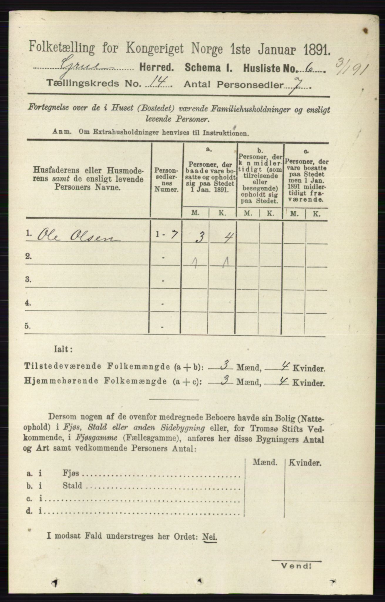 RA, 1891 census for 0423 Grue, 1891, p. 6990